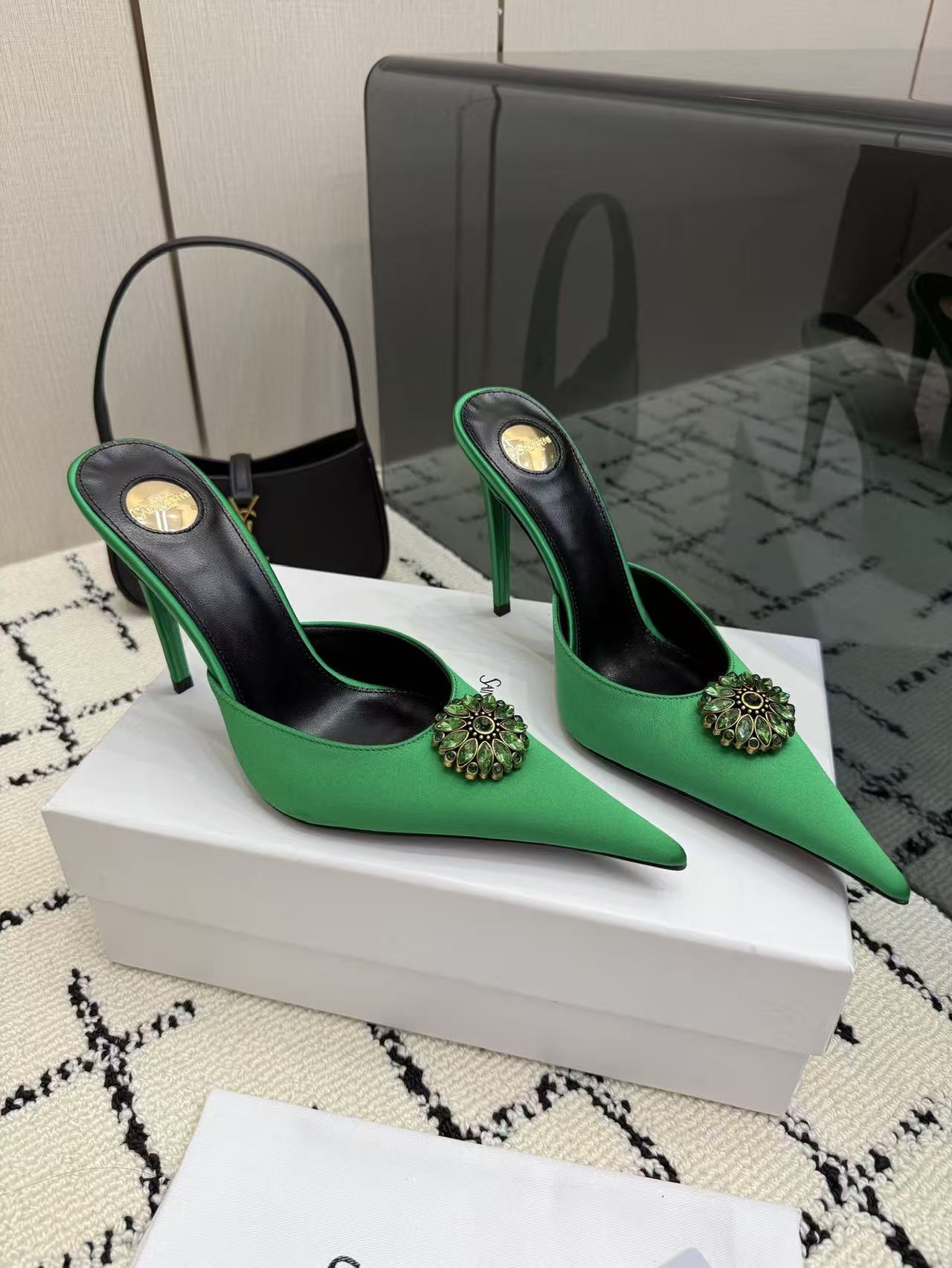 Saint Laurent YSL Emerald Green Pointed Toe Satin Crystal Brooch Stiletto Heel Mules Sandals - KAIROO