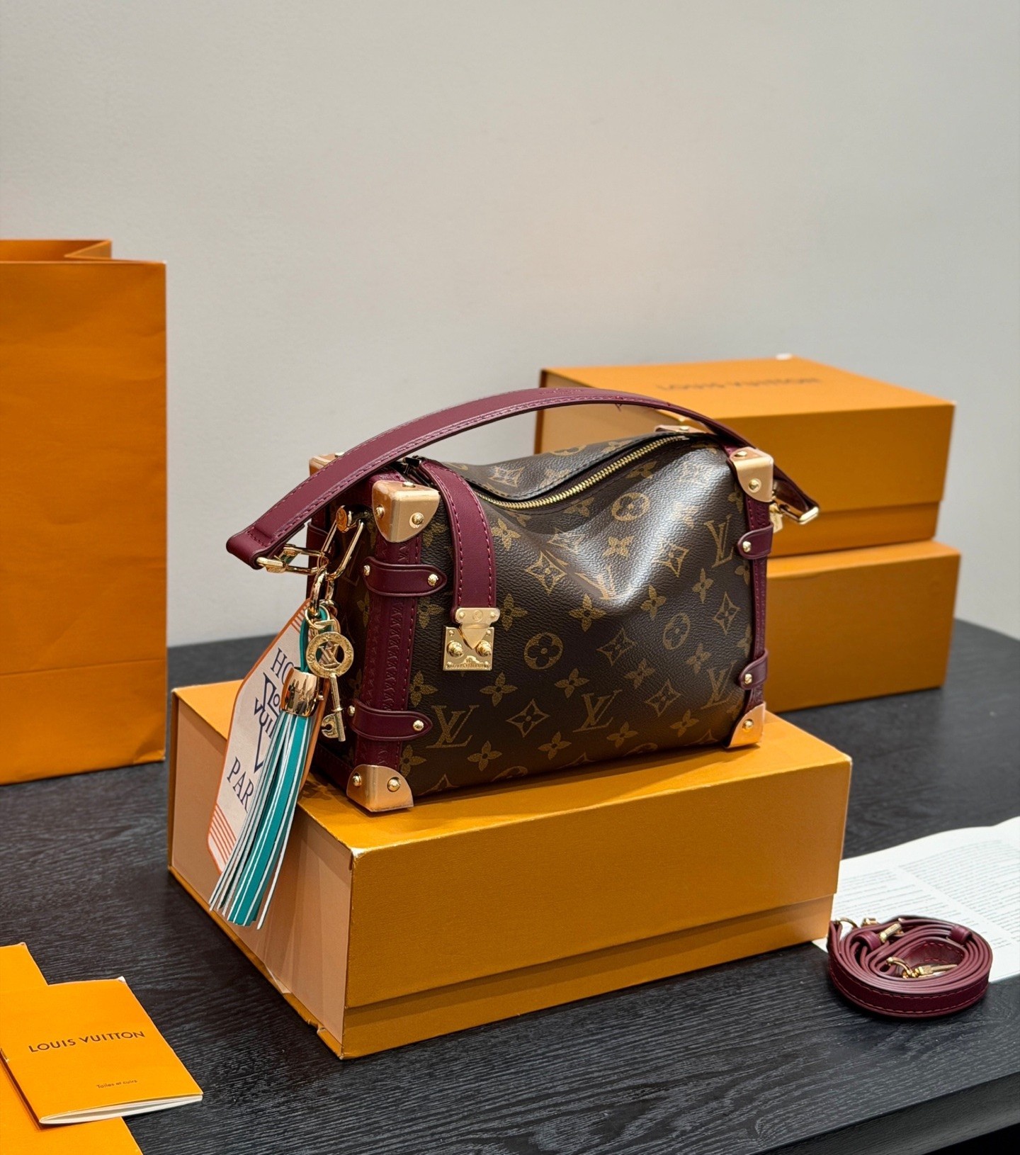 Louis Vuitton LV Side Trunk MM Monogram Canvas Burgundy Trim S-Lock Soft Shoulder Bag - KAIROO