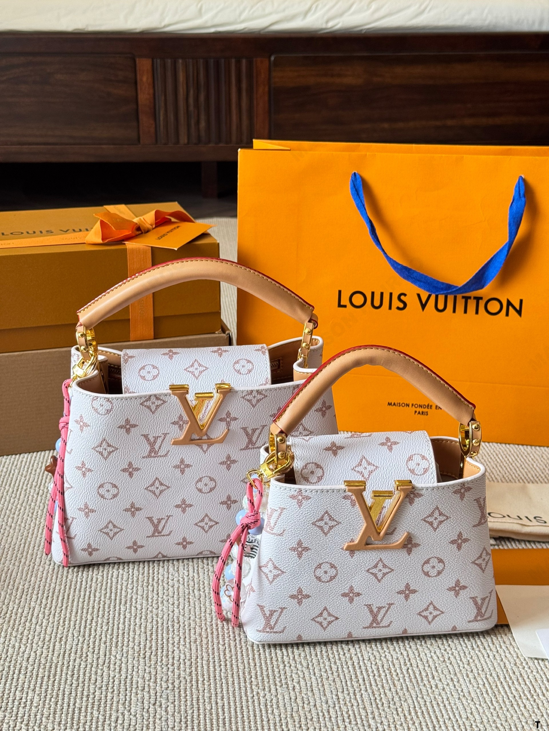 Louis Vuitton LV Capucines BB/Mini White Dusty Pink Monogram Canvas Leather Wide Strap Top Handle Bag - KAIROO