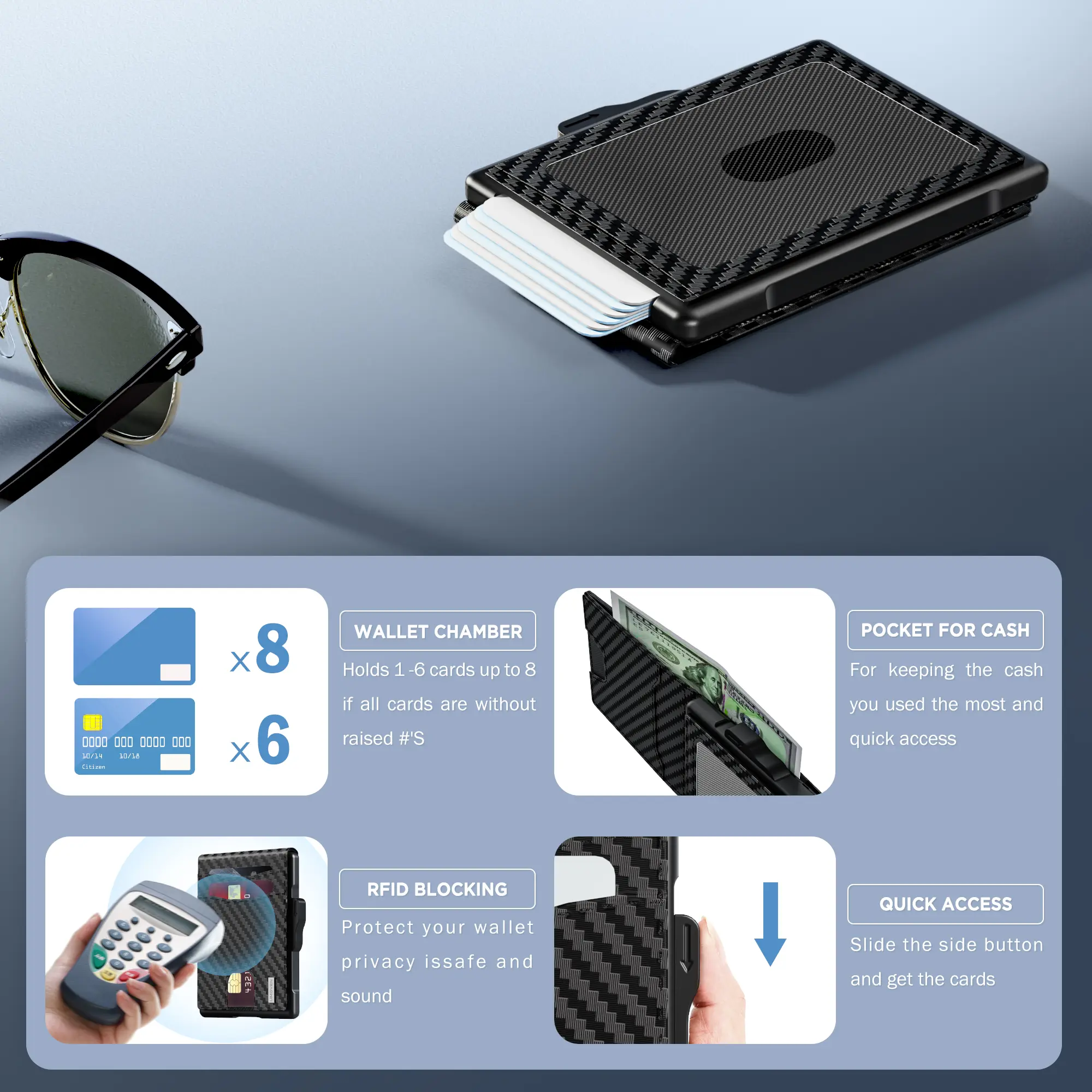 Carbon Fiber Pop-Up Wallet for Men - Slim Minimalist Aluminum RFID Blocking Card Holder with ID Window & Cash Slot (Father's Day Gift Box)
