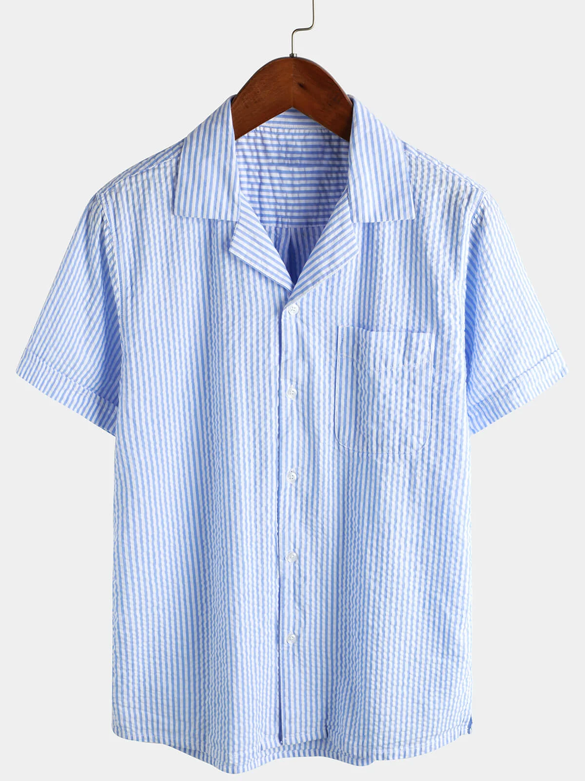 Men's Blue Striped Cotton Summer Button-Up Cuban Collar Camp Beach Short Sleeve Shirt