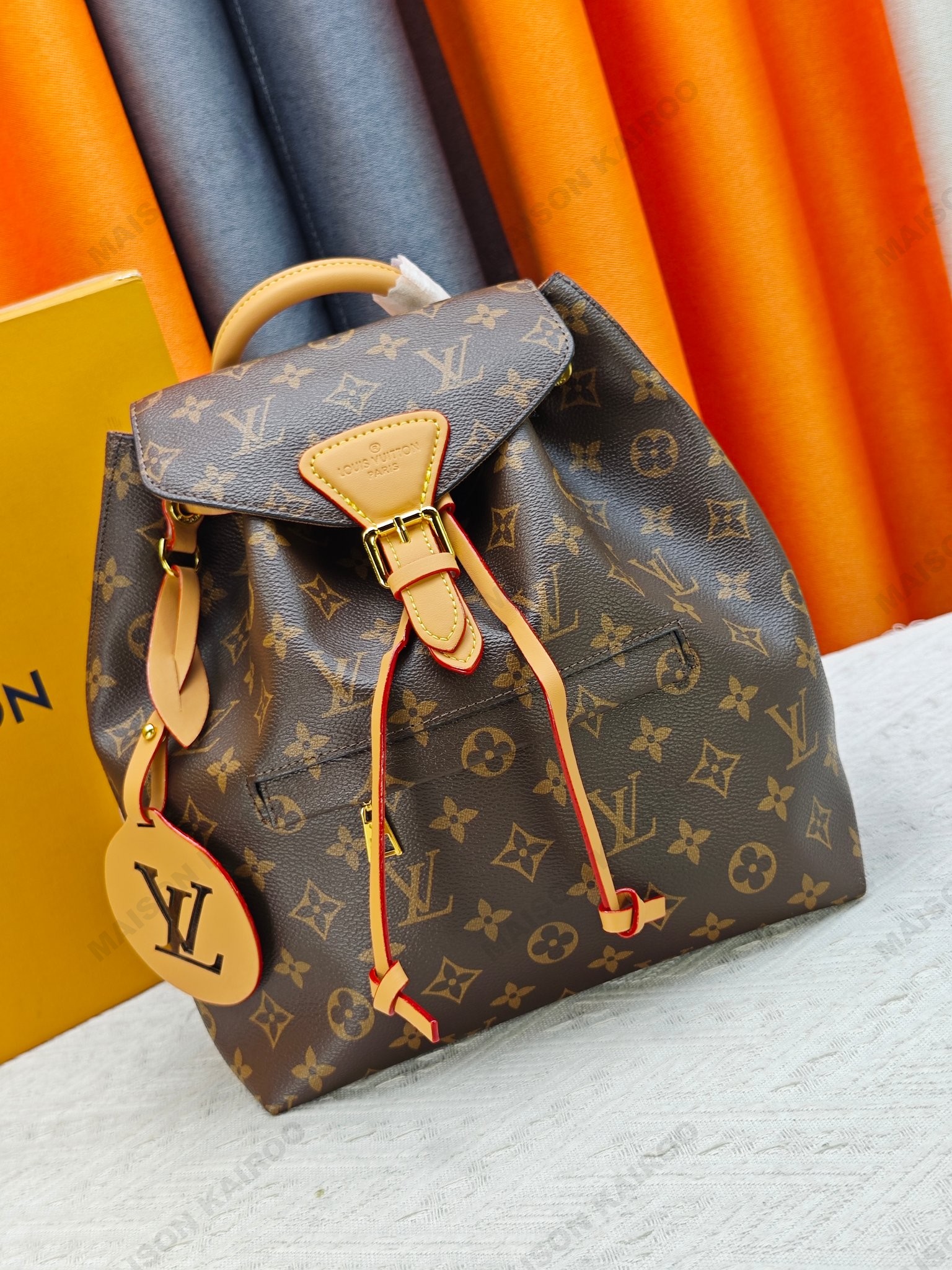 Louis Vuitton LV Montsouris MM Monogram Canvas& Empreinte Leather Drawstring Flap Oval Tag Backpack - KAIROO