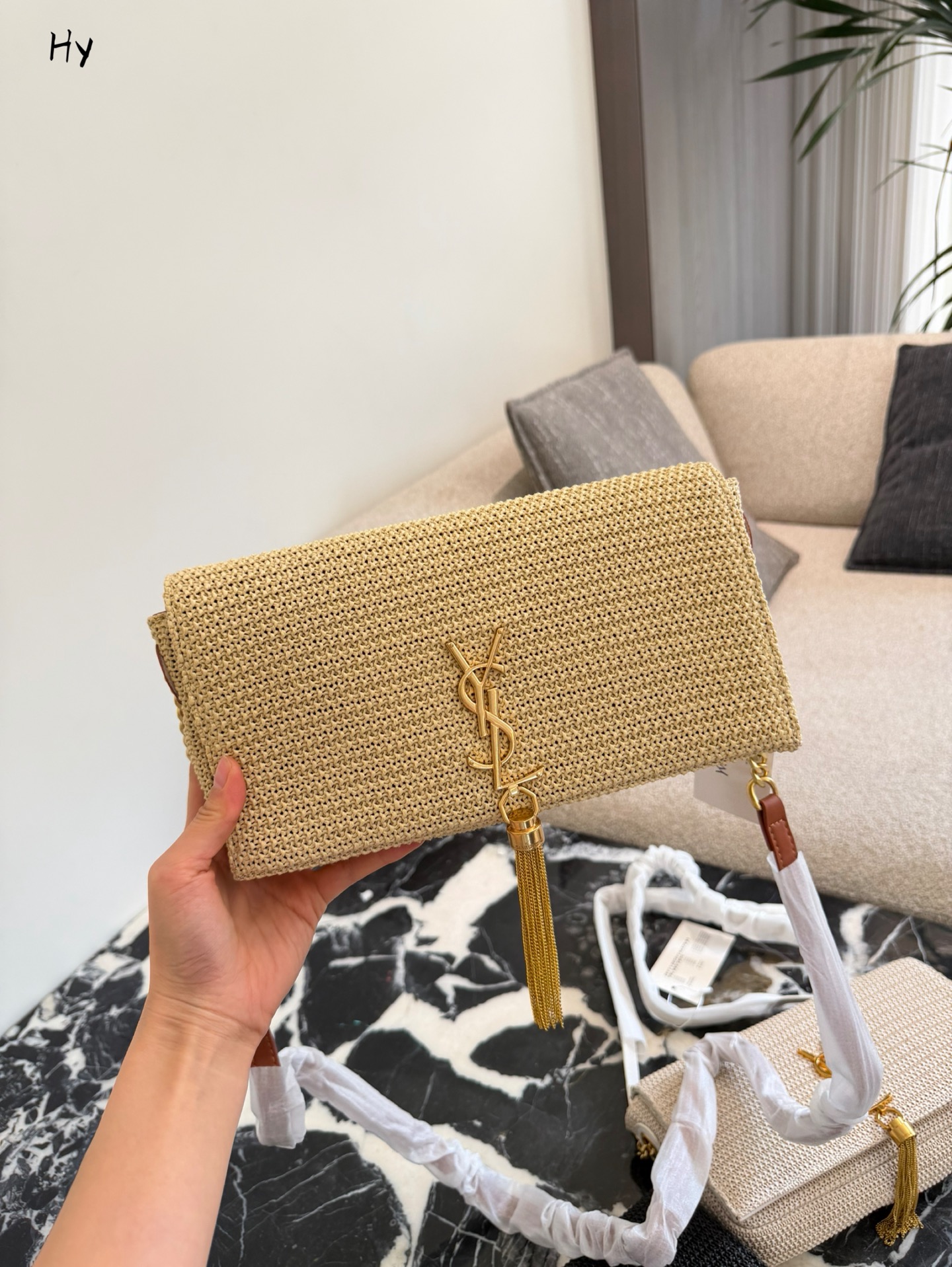 Saint Laurent YSL Dense Weave Crocheted Raffia Leather Tassel Flap Crossbody Shoulder Bag - KAIROO