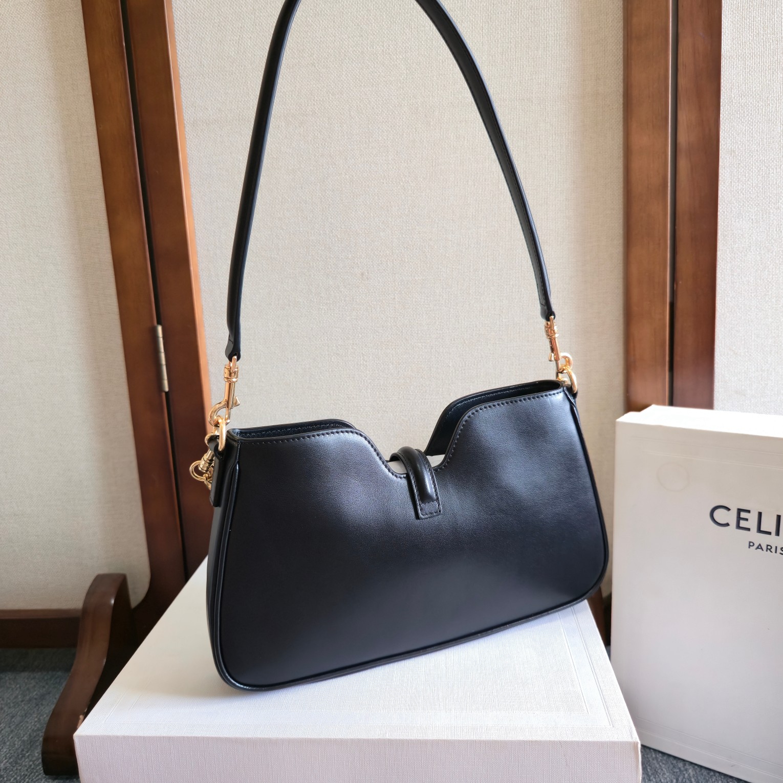 Celine Camille Hobo in Naturel Calfskin-Black