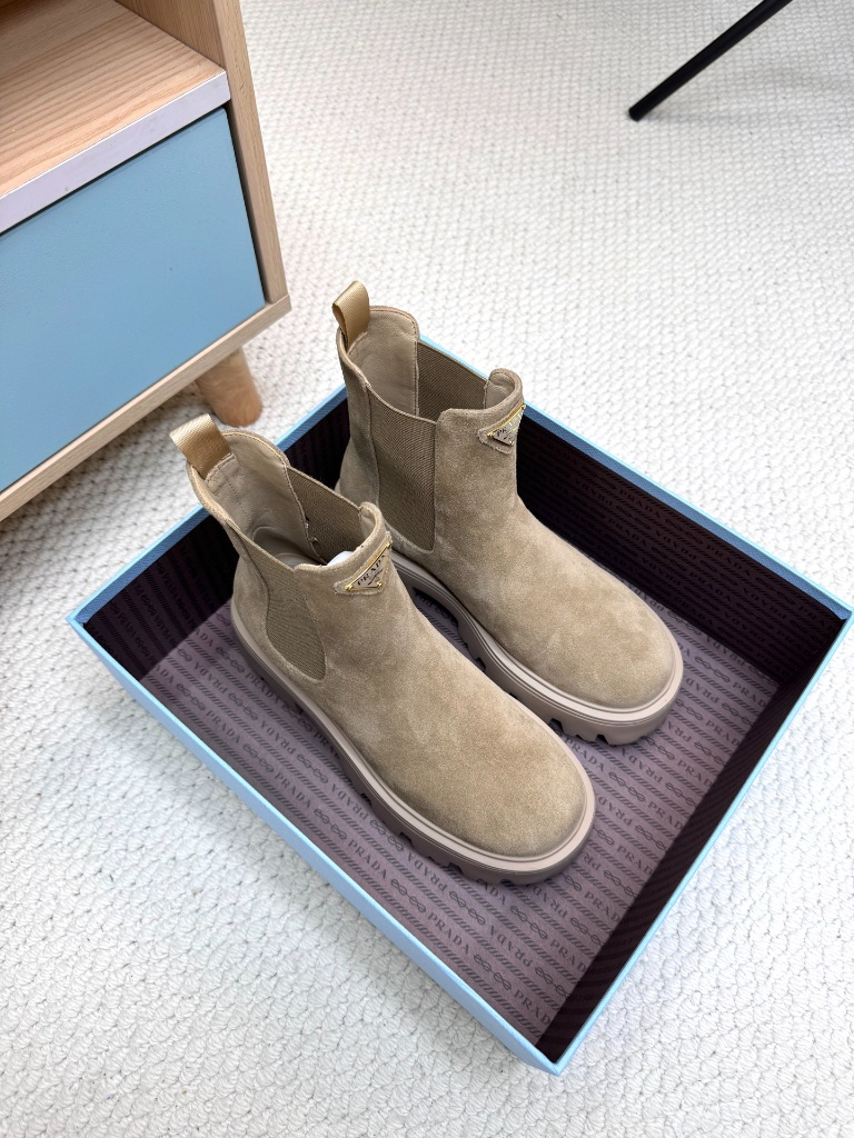 Prada Monolith Suede Lugs Platform Tri-Logo Chelsea Ankle Boots/ Beige Suede - KAIROO