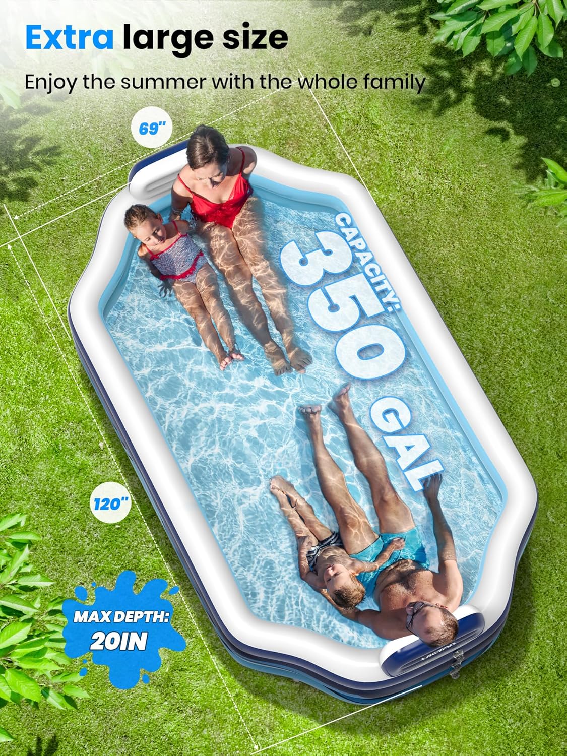 VISTOP Inflatable Pool for Kids & Adults | Oversized Thickened Large Swimming Pool with Seats and Backrests Family Summer Blow Up Water Pools - BPA-Free Backyard Water Park, Garden SPA Tub 120 inch