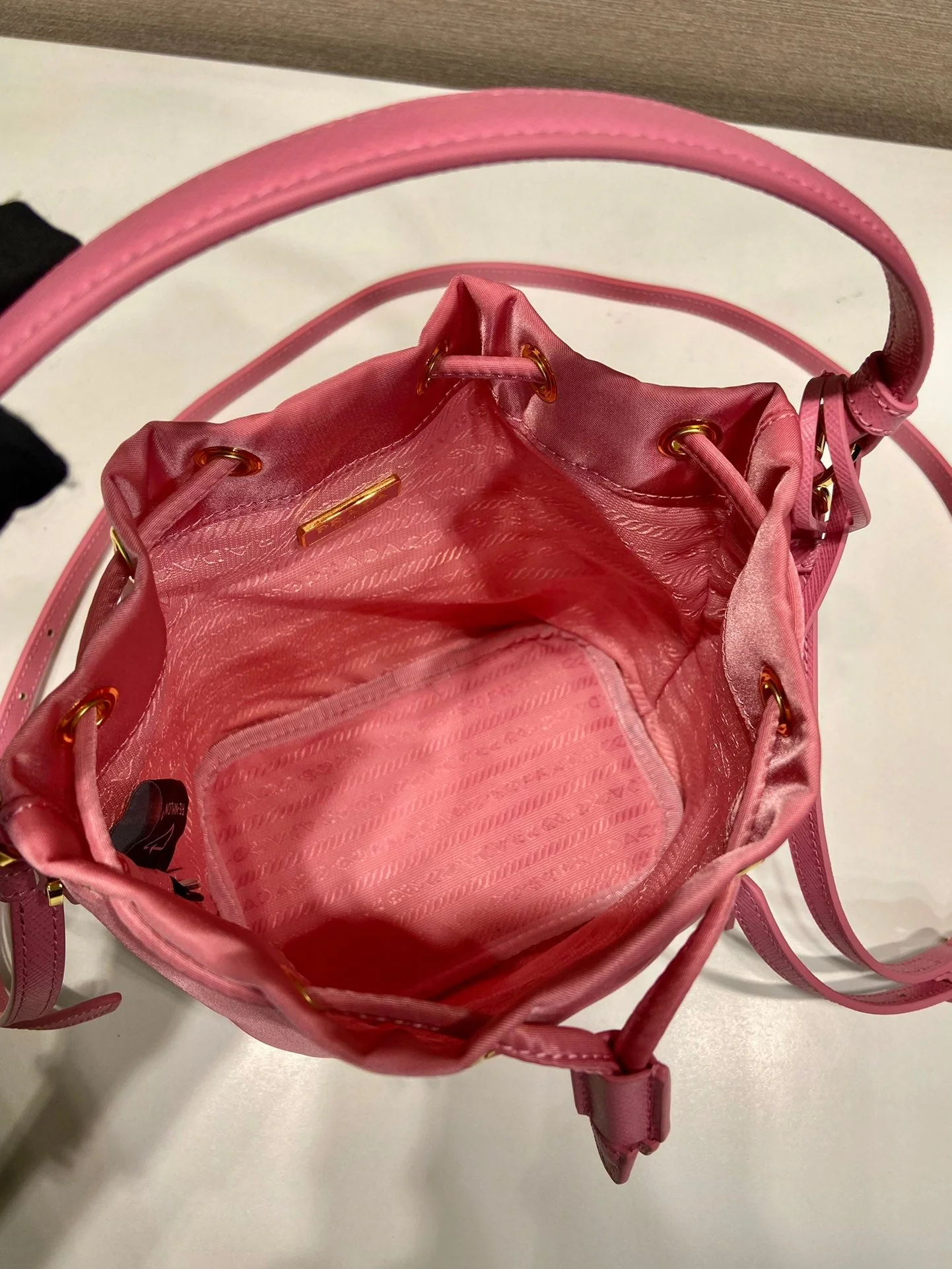 Prada BUCKET BAG 19 IN CANDY PINK RE-NYLON AND SAFFIANO LEATHER HANDLE