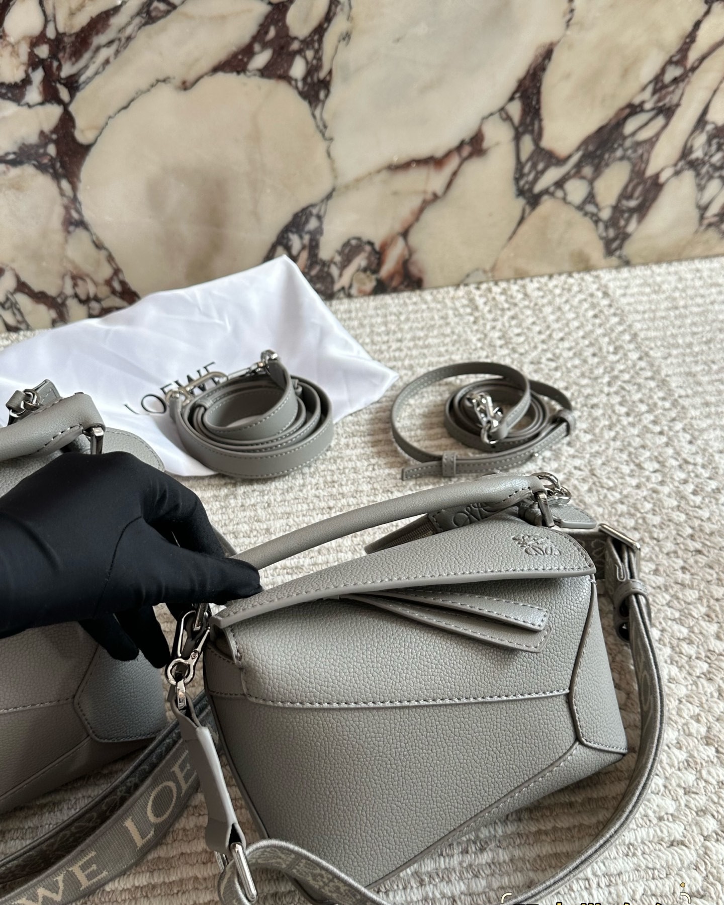 Loewe Puzzle 18/24 Grey Edge Grained Calfskin Leather Monogram Webbing Strap Handle Shoulder Bag - KAIROO
