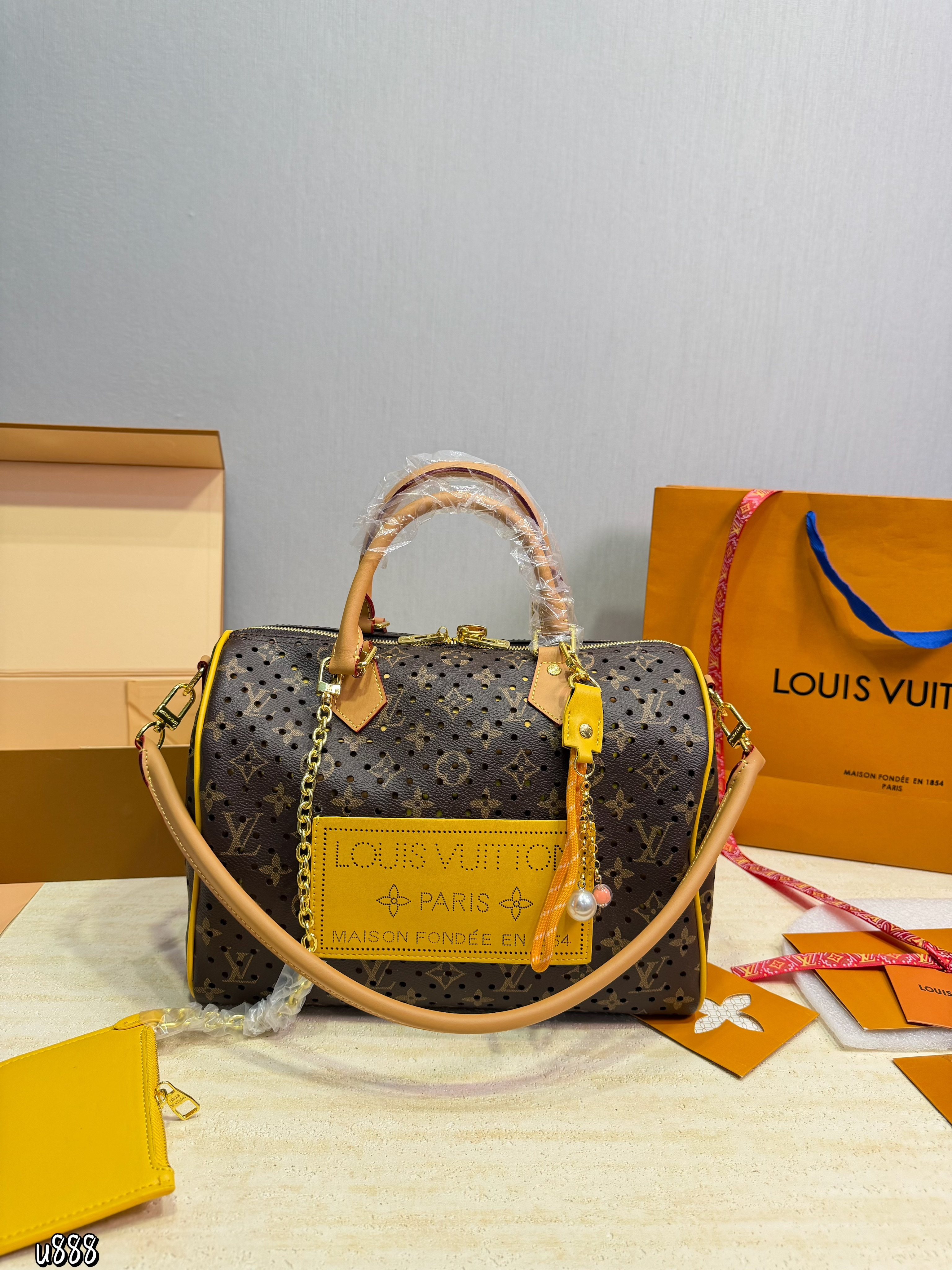 Louis Vuitton LV Speedy 30 Perforated Monogram Leather Patch Neon Yellow Piping Boston Top Handle Bag - KAIROO