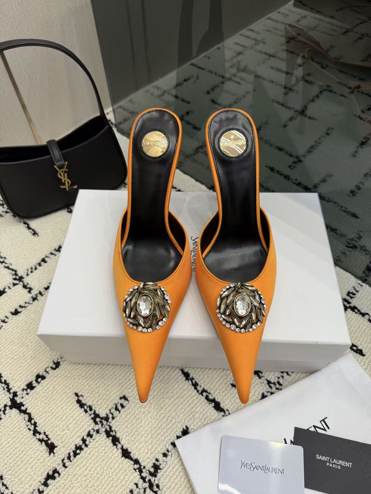 Saint Laurent YSL Orange Pointed Toe Satin Crystal Brooch Stiletto Heel Mules Sandals - KAIROO