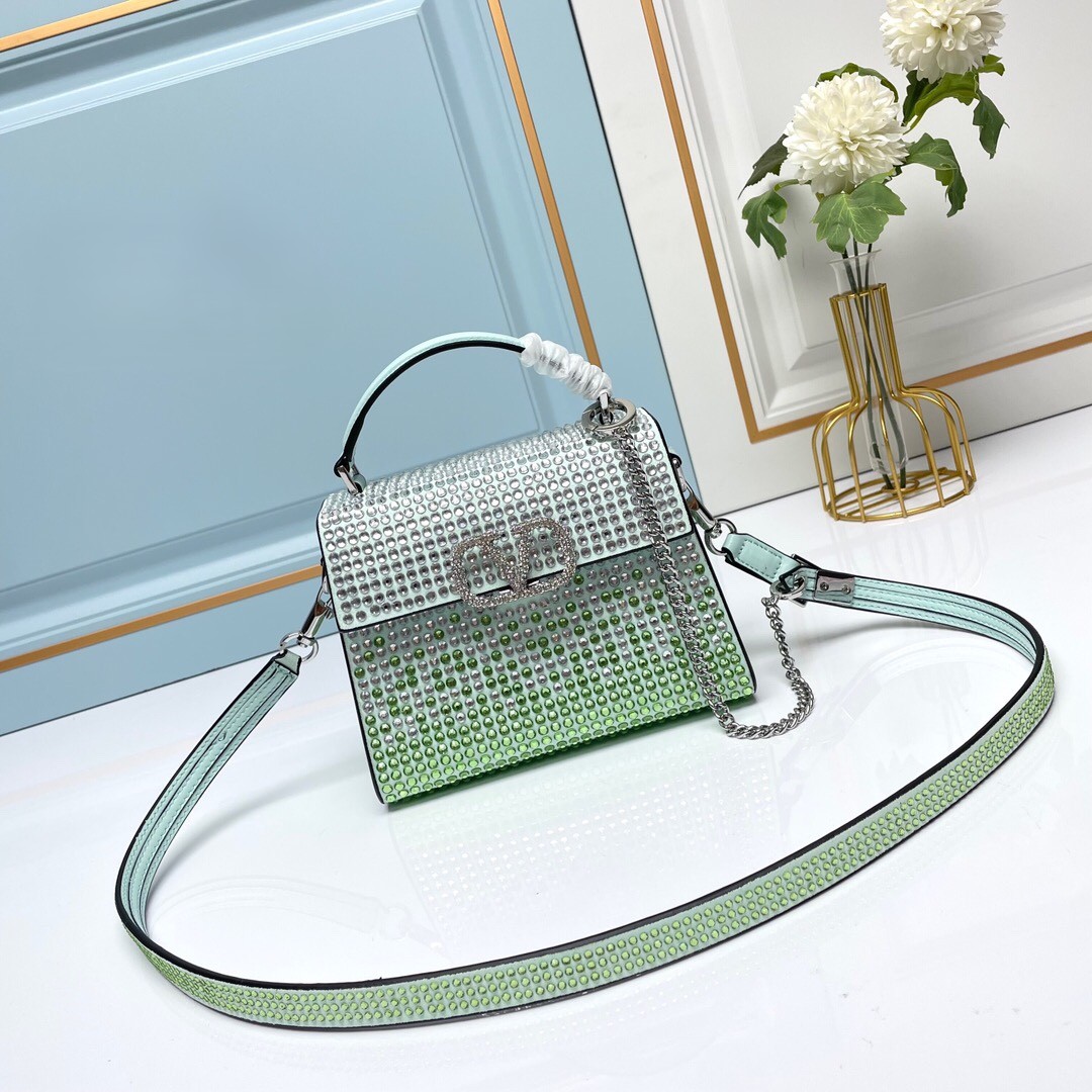 Valentino Loco Crystal Mint Green Ombre Leather VLogo Signature Trapezoid Top Handle Bag - KAIROO