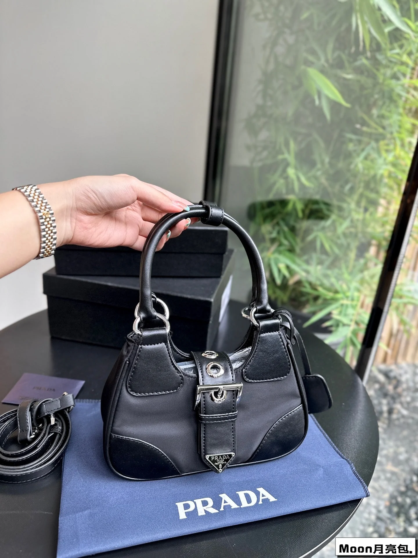 Prada 22 MOON PADDED BAG IN BLACK CALFSKIN WITH STRAP
