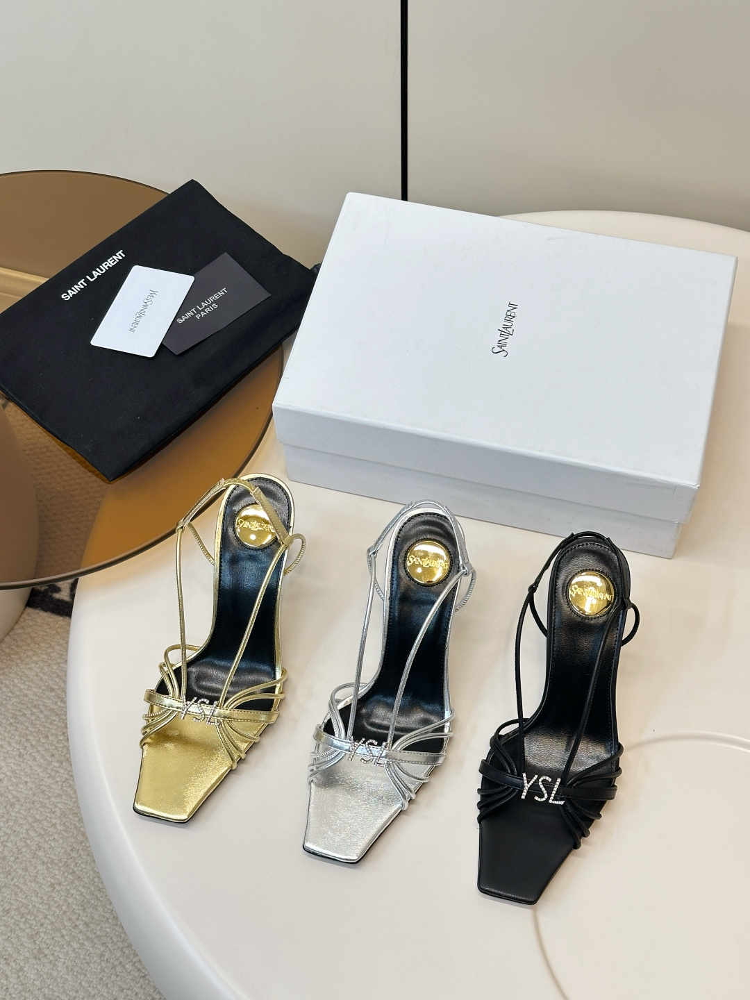 Saint Laurent YSL Cassandra Square Toe Crystal Logo Metallic Leather Strappy Slingback Heel Sandals - KAIROO