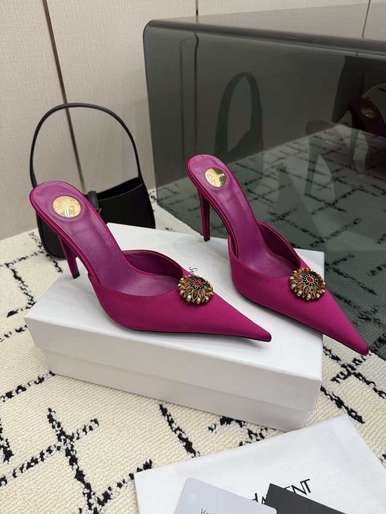 Saint Laurent YSL Fuchsia Magenta Pointed Toe Satin Crystal Brooch Stiletto Heel Mules Sandals - KAIROO