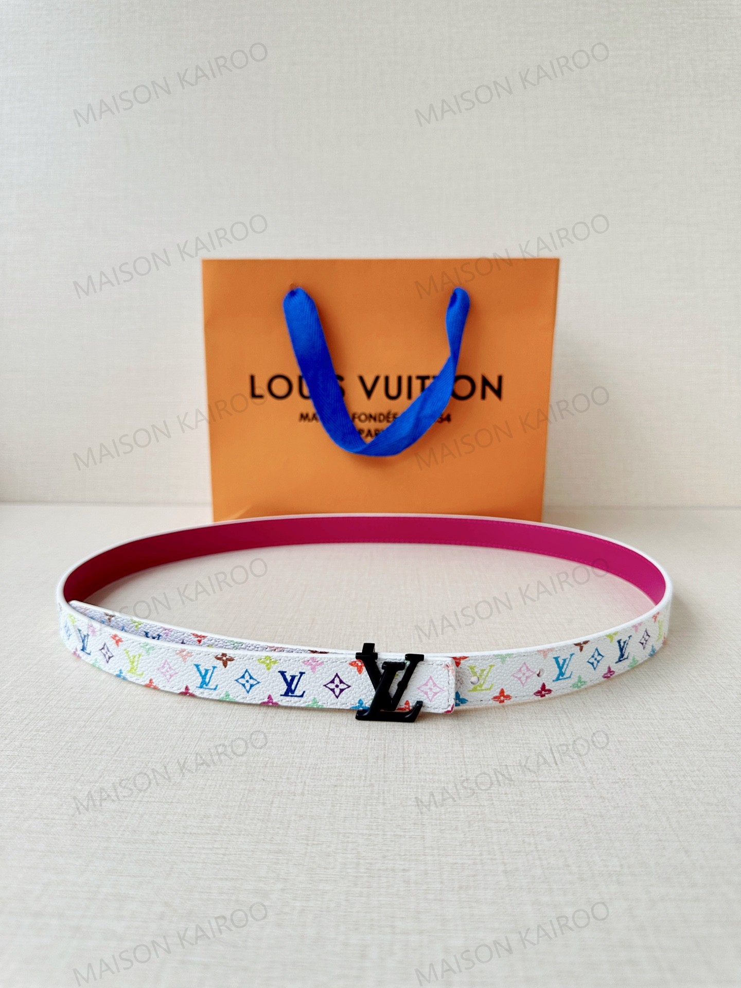 Louis Vuitton LV White Multicolor Monogram Matte Black LV Logo Slim Belt 2.0 - KAIROO