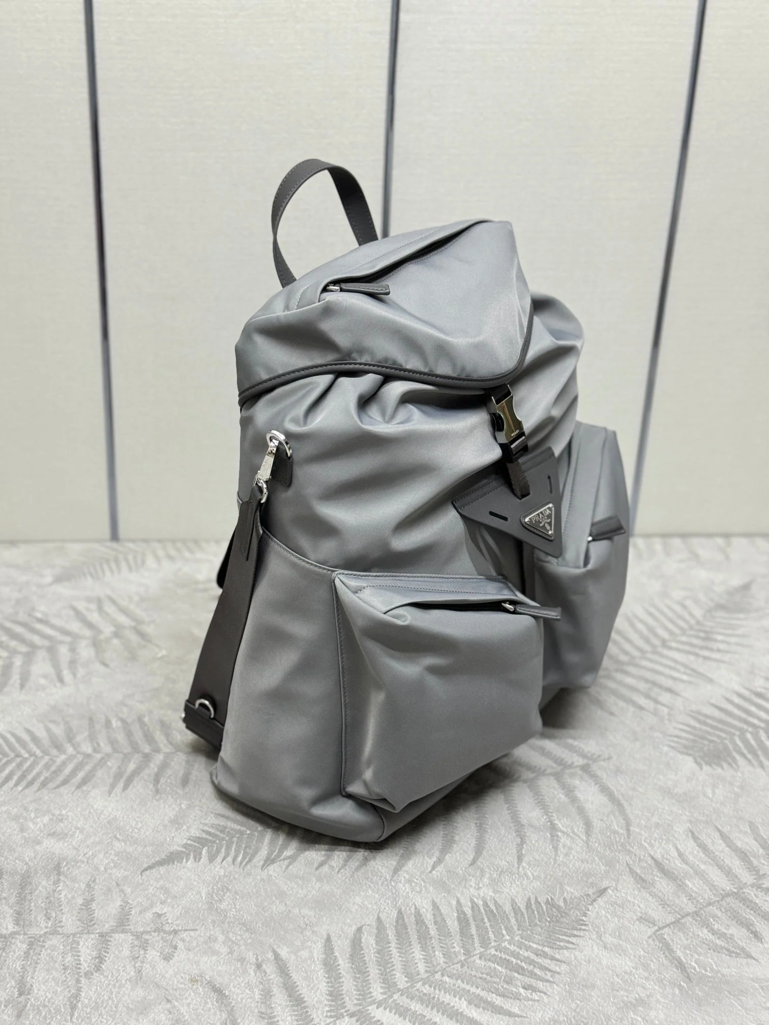 Prada TRIANGLE LOGO BACKPACK 42 IN RHINO GRAY RE-NYLON