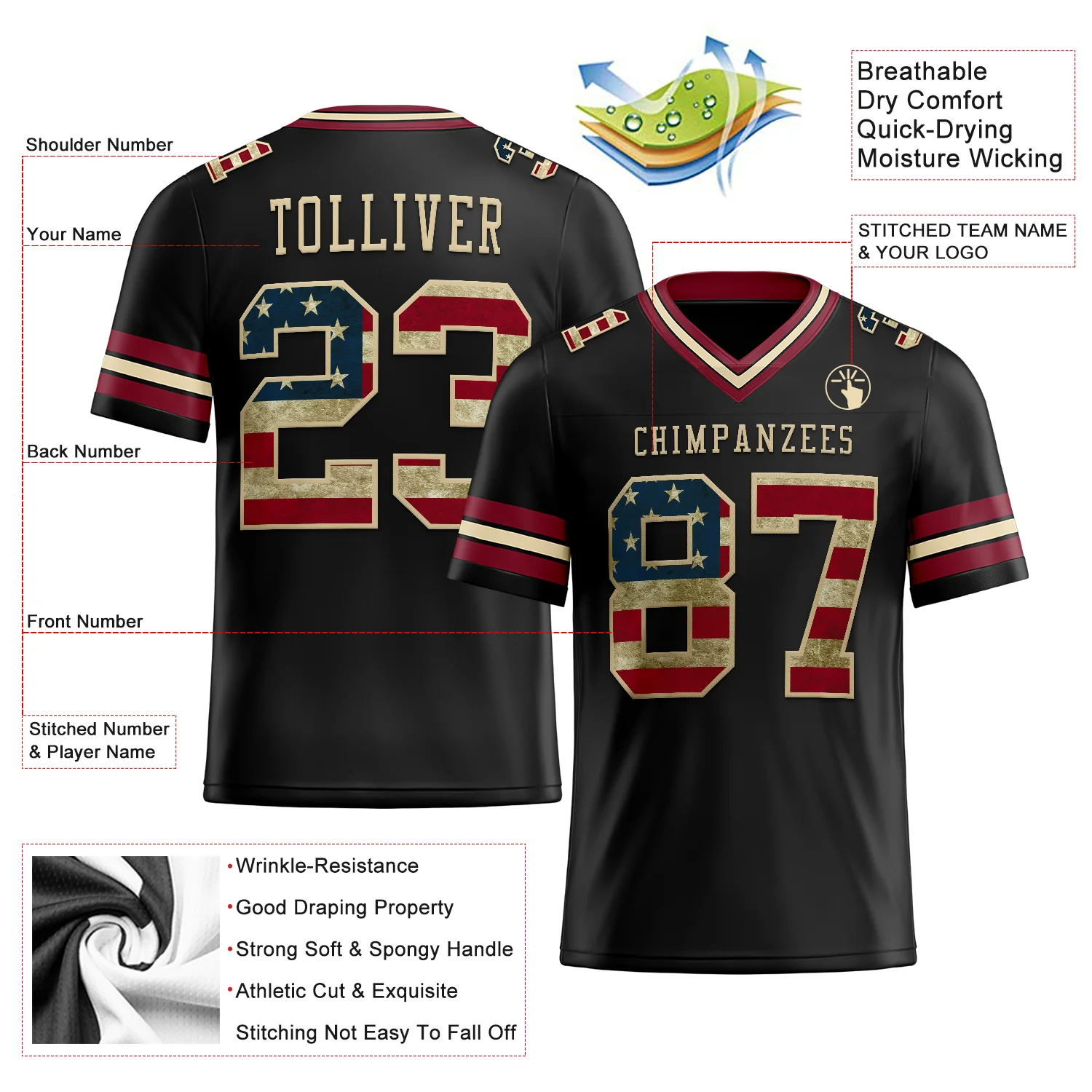 Custom Black Vintage USA Flag Crimson-City Cream Authentic Football Jersey