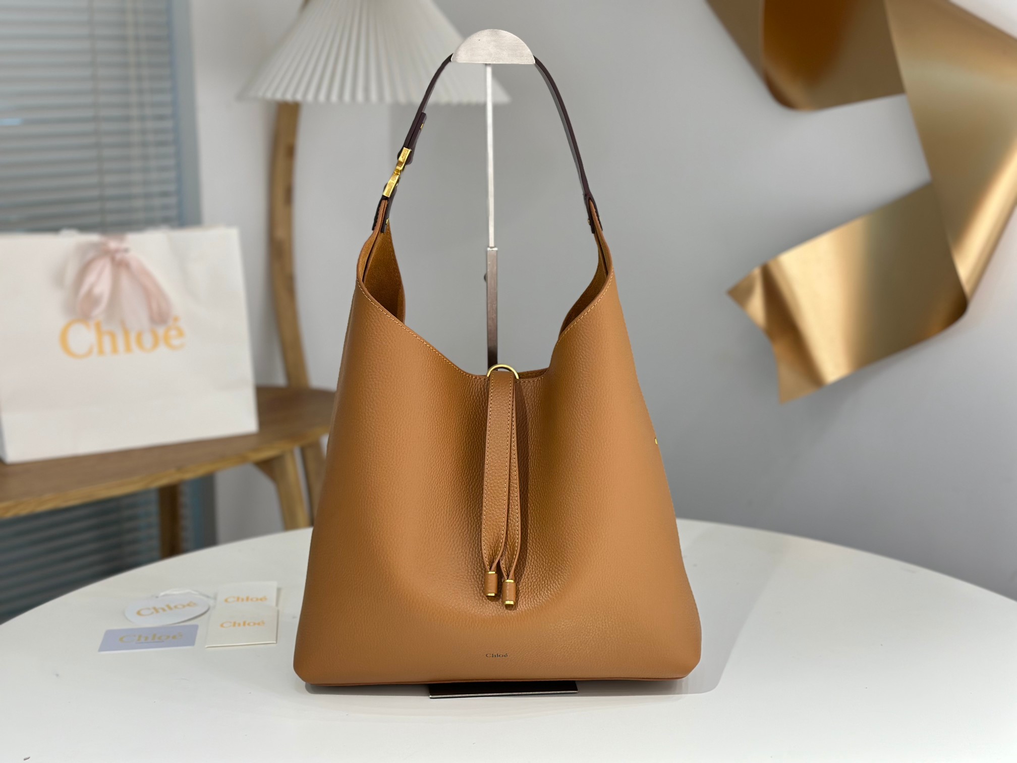 Chloe Large Marcie Hobo Bag in Grained Leather-Camel