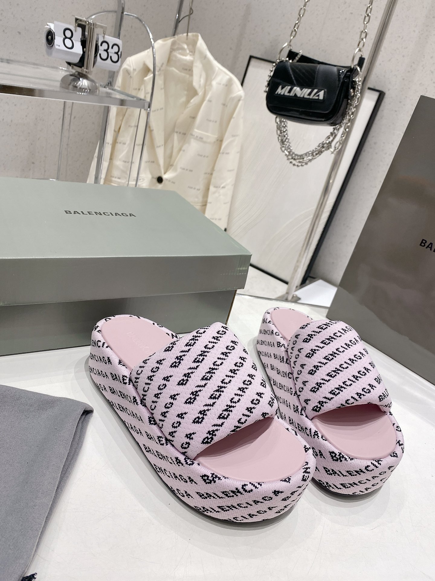 Balenciaga All-over Monogram Logo Knit Wide Upper Strap Platform Slippers - KAIROO
