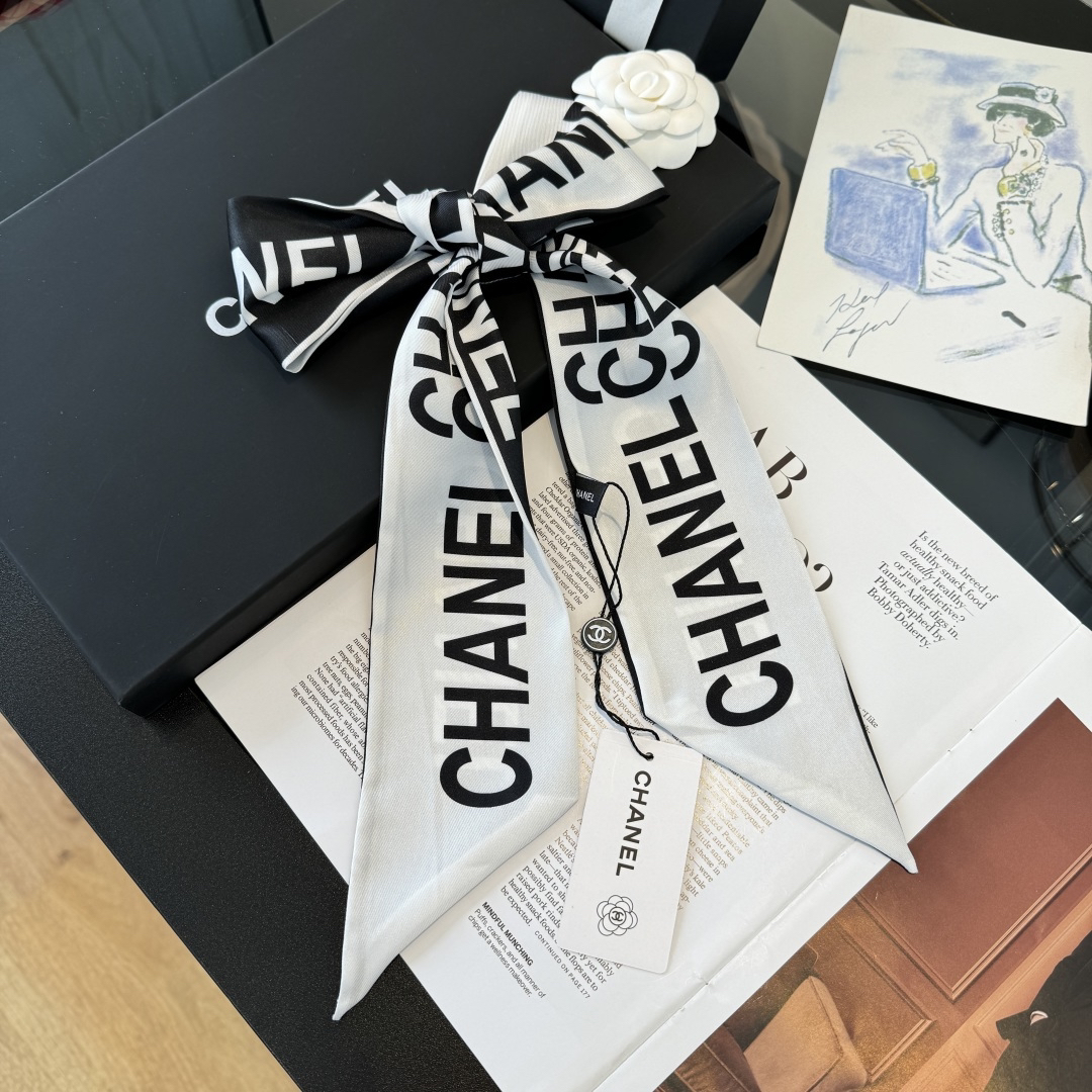 Chanel Twilly Black & White Logo Print Double-Sided Silk Twill Slim Scarf - KAIROO