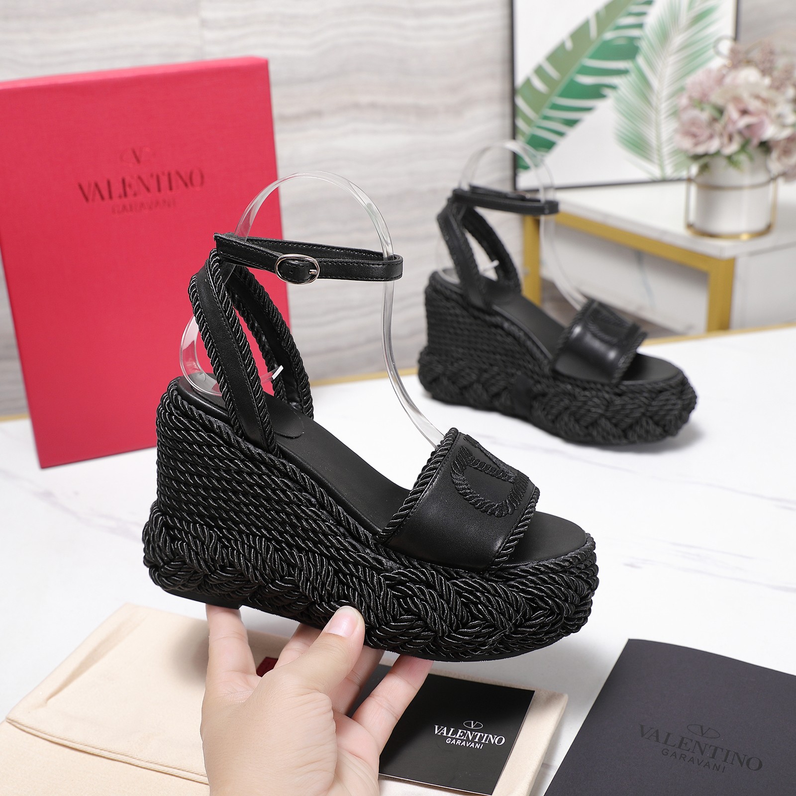 Valentino Garavani Black Smooth Leather VLogo Embroidered Platform Jute Wedge Espadrille Sandal Heel - KAIROO