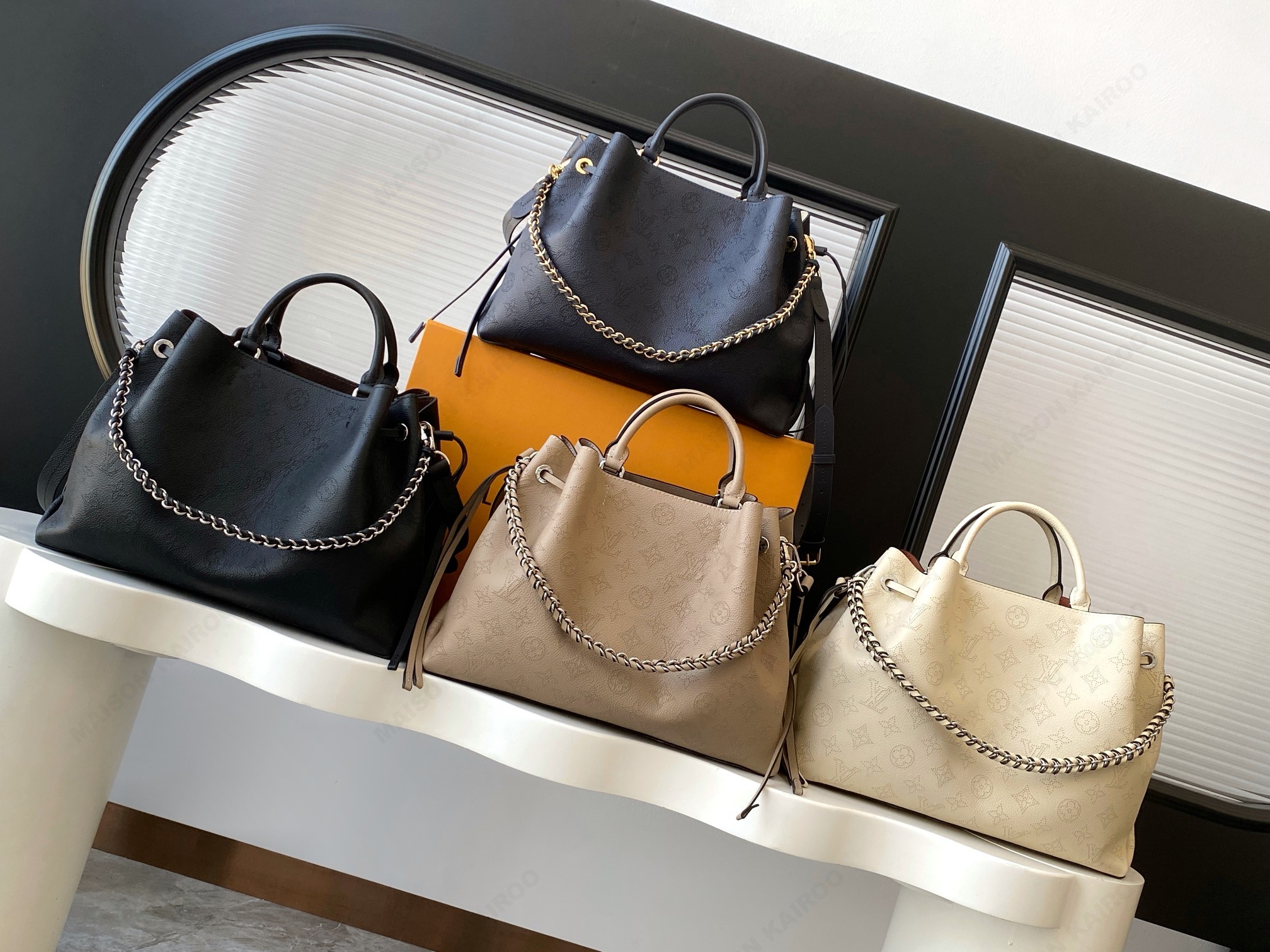 【10A】Louis Vuitton LV Mahina Bella Tote Perforated Monogram Leather Drawstring Bucket Top Handle Bag - KAIROO