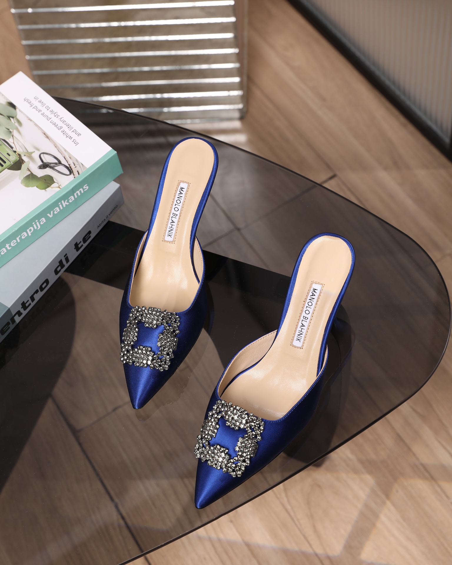 Manolo Blahnik Swarovski Crystal Satin Heeled Slide