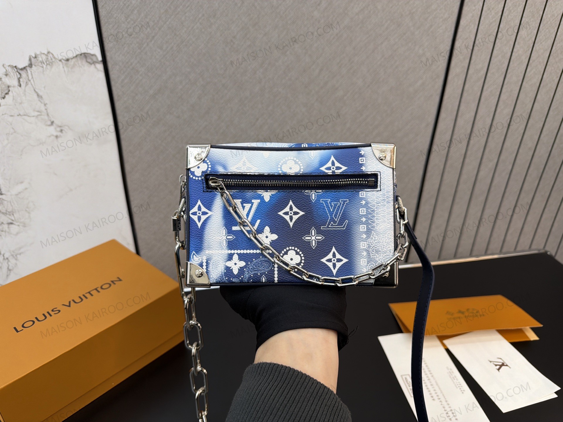 Louis Vuitton LV Mini Soft Trunk Blue Bandana Gradient Monogram Canvas Silver Chain Crossbody Bag - KAIROO