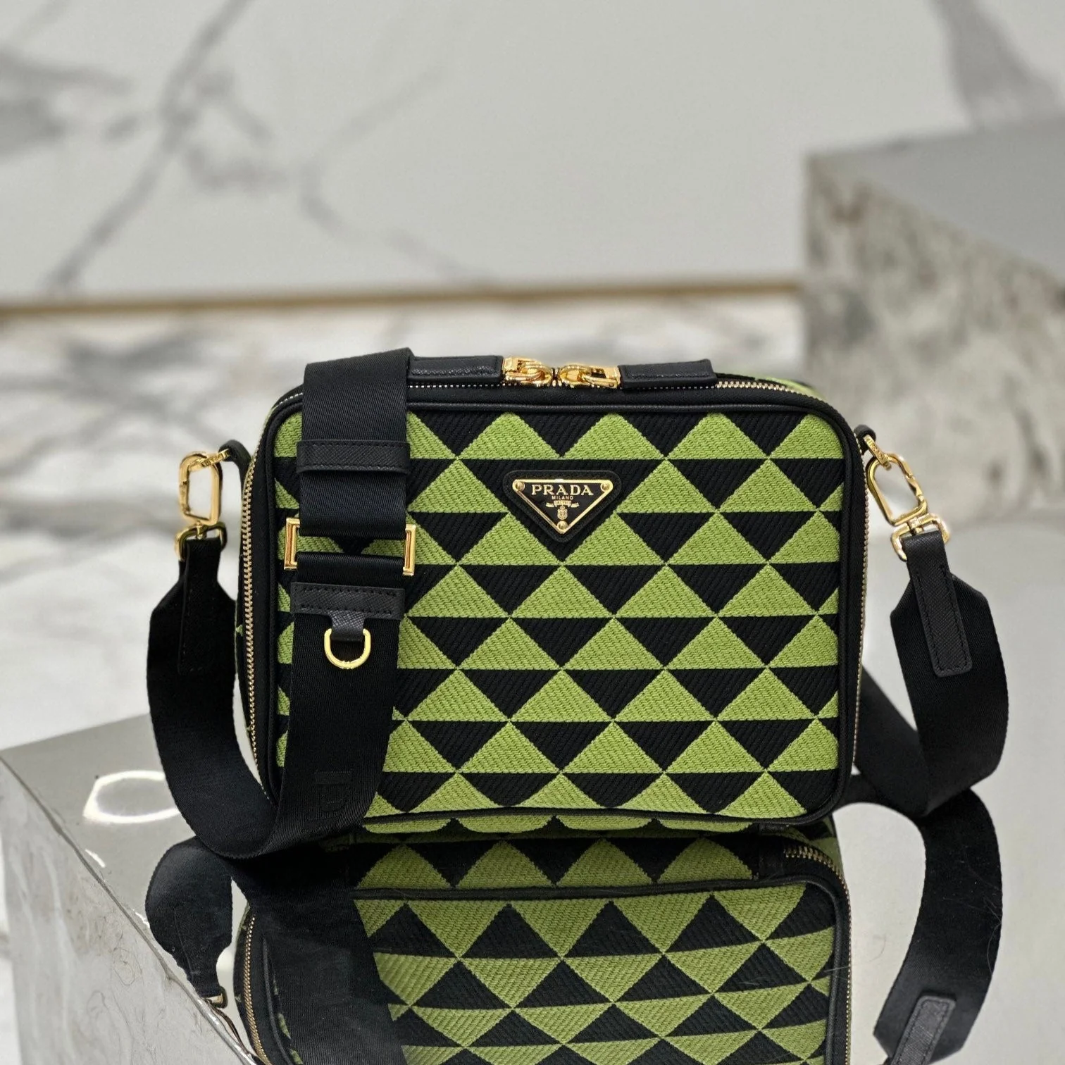 Prada MESSENGER BAG 22 IN OCADO GREEN AND BLACK EMBROIDERED FABRIC GOLD HARDWARE