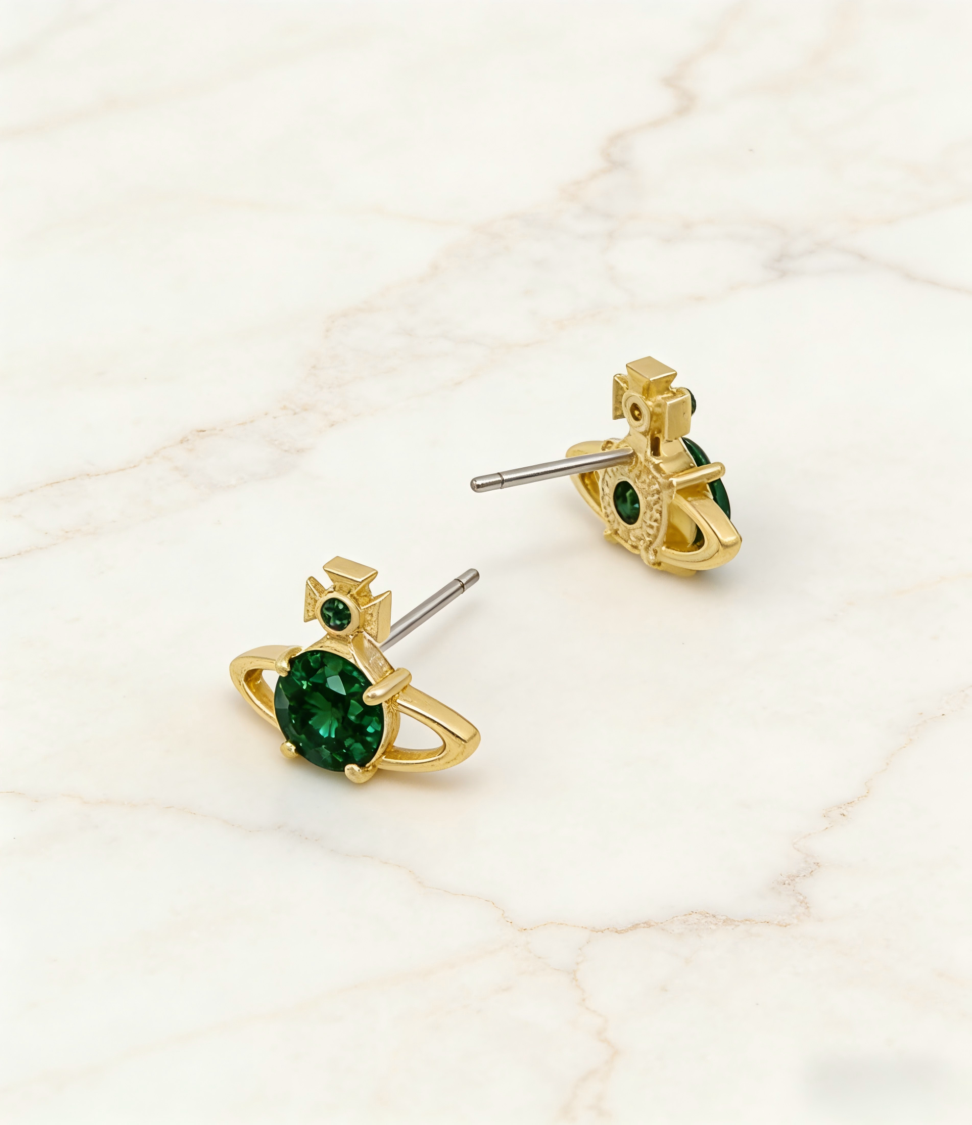 2026 New Vivienne Westwood Green Crystal Saturn Orb Stud Earrings for Women, Gold Tone, Trendy Y2K Aesthetic Ear Accessories