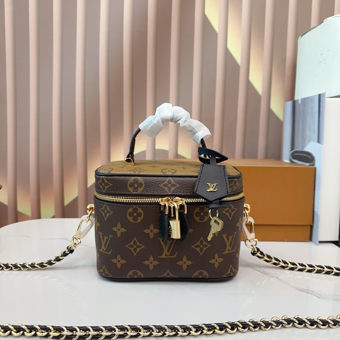 Louis Vuitton Brown Monogram Reverse Canvas Leather Nice Vanity Case Shoulder Top Handle Bag - KAIROO