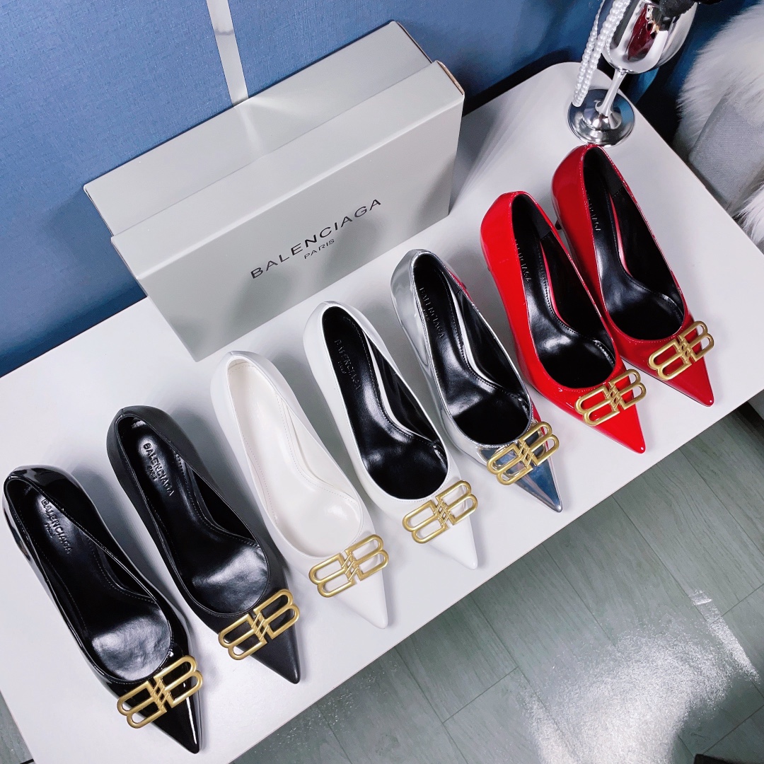 Balenciaga BB Knife Pointed Toe Gold BB Hardware Leather Heels - KAIROO