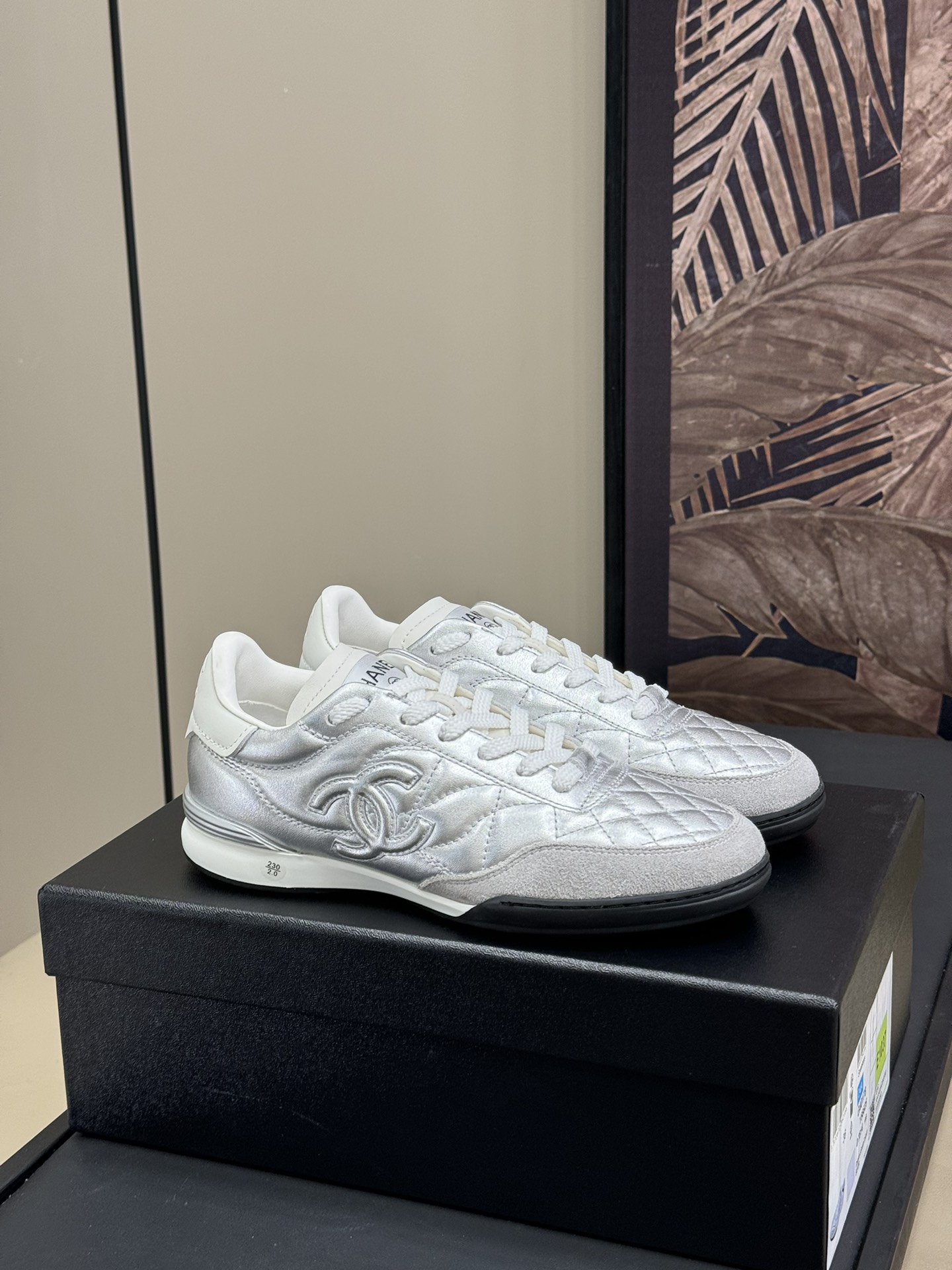 Chanel Silver Metallic Quilted Leather Suede CC Logo Sleek Low-Top Trainers Sneakers - KAIROO