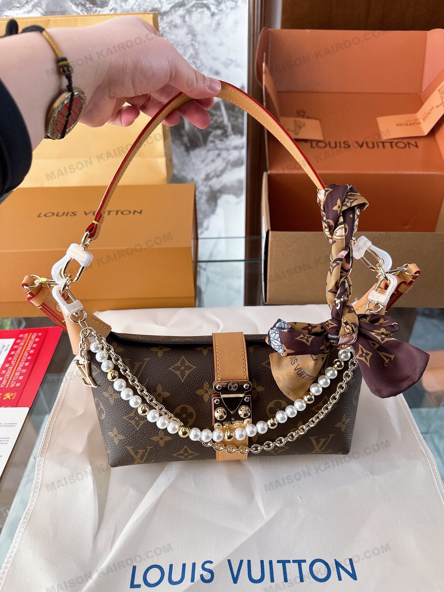 Louis Vuitton LV Pochette Mia Brown Monogram Canvas Pearl Chain S-Lock Baguette Hobo Croissant Shoulder Bag - KAIROO