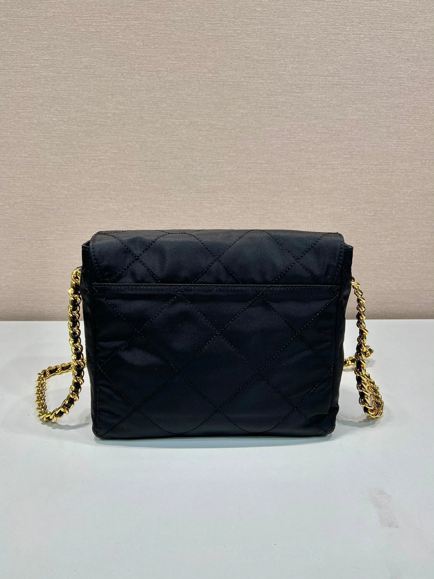 Prada LARGE QUILTED FLAP BAG 23 IN BLACK RE-NYLON FABRIC GOLD CHAIN