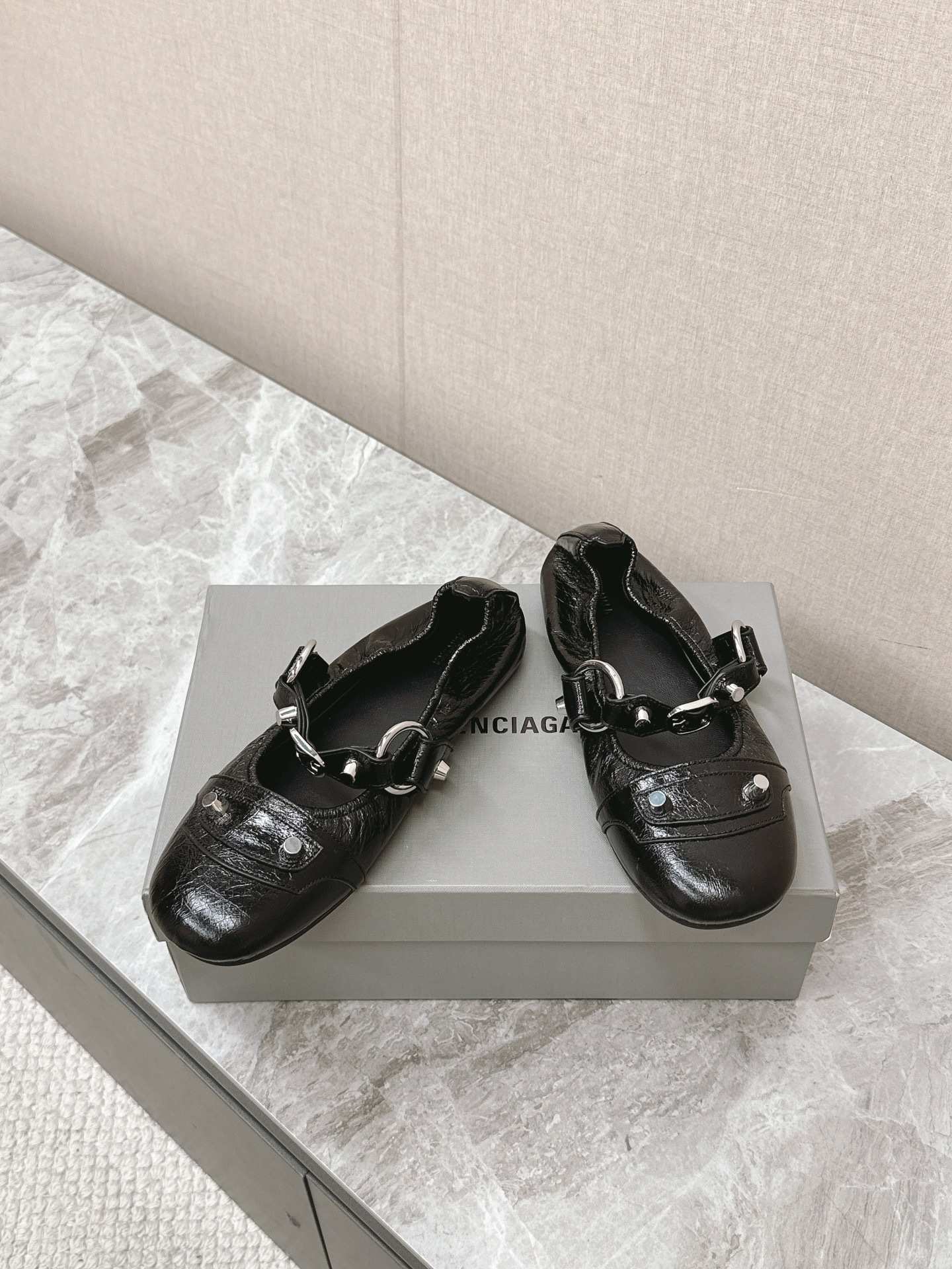 Balenciaga Cagole Black Arena Leather Studded Buckle Strap Moto Mary Janes Ballerina Flats - KAIROO