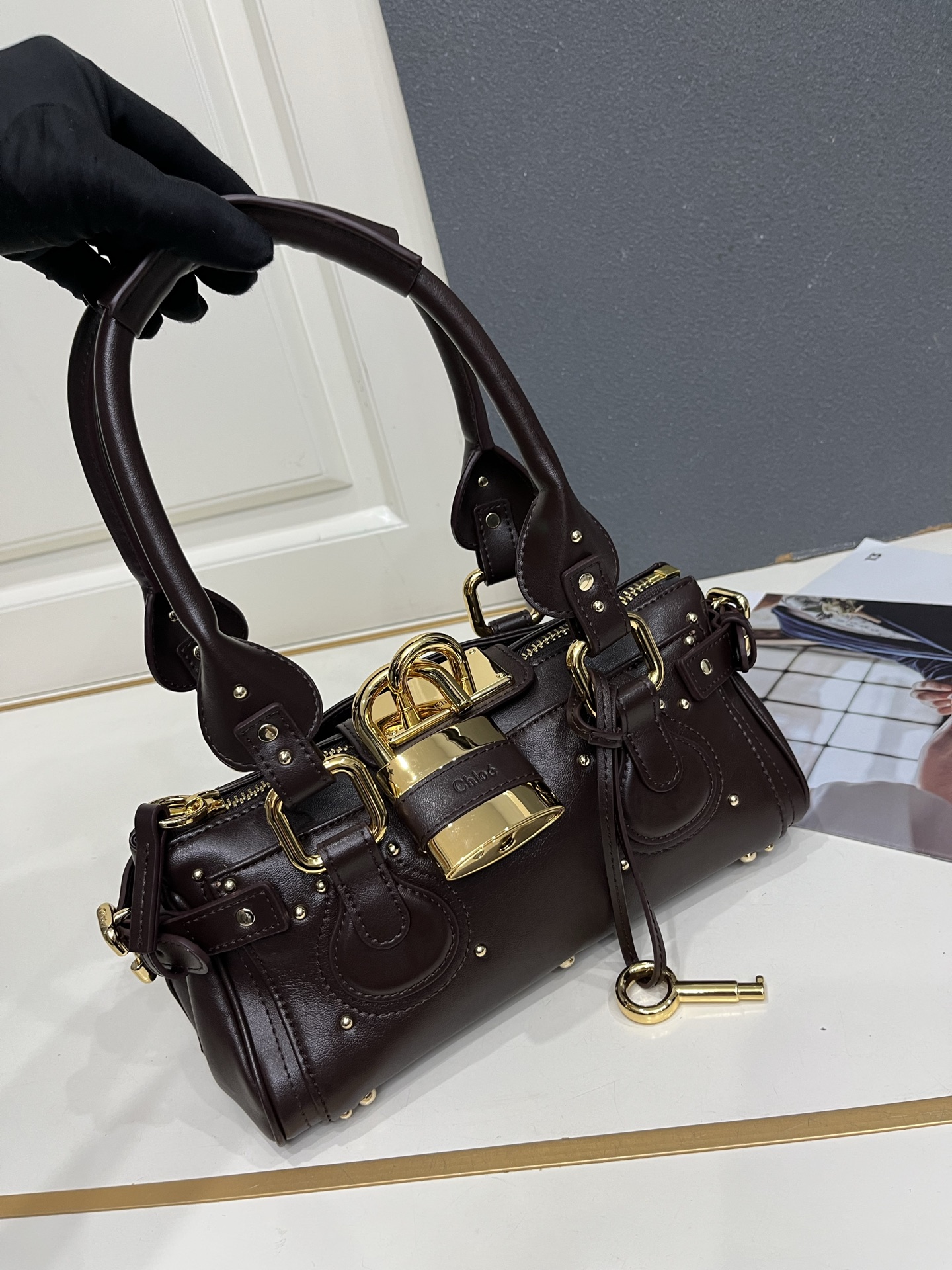 Chloe Paddington Dark Brown Mini Oversized Rivet Padlock Key Smooth Leather Hobo Top Handle Bag - KAIROO