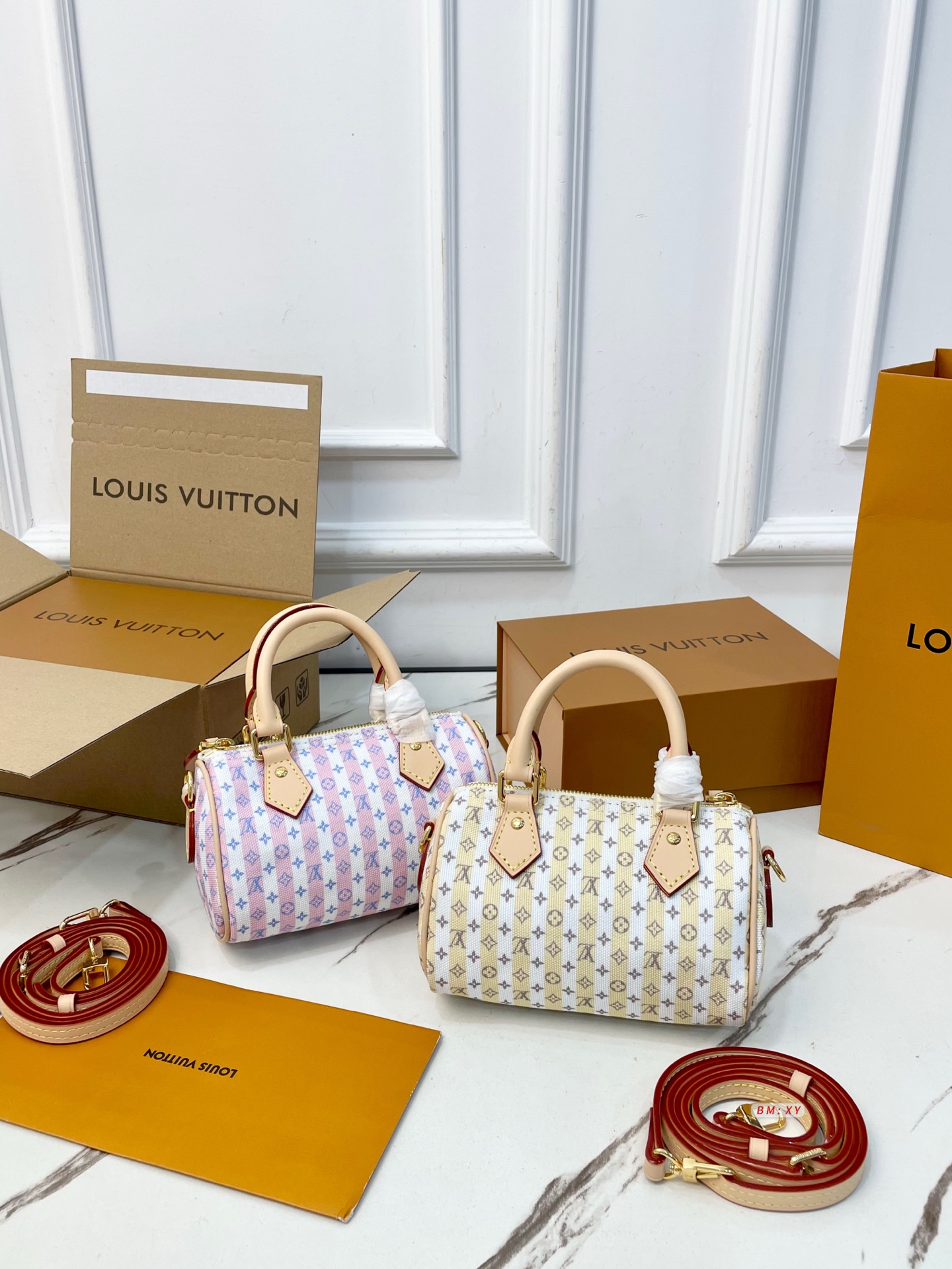 Louis Vuitton LV 16/30 Speedy Nano Monogram Striped Stamp Canvas Bandoulière Barrel Top Handle Bag - KAIROO