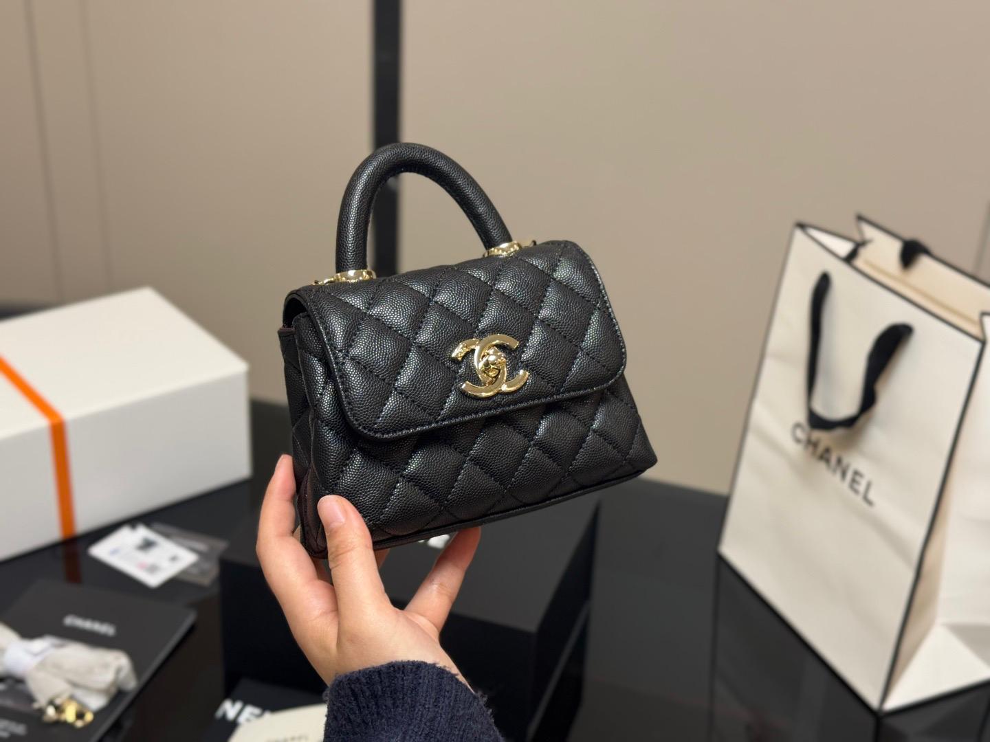 Chanel Black Leather Quilted Mini Flap Bag with Top Handle Gold Hardware