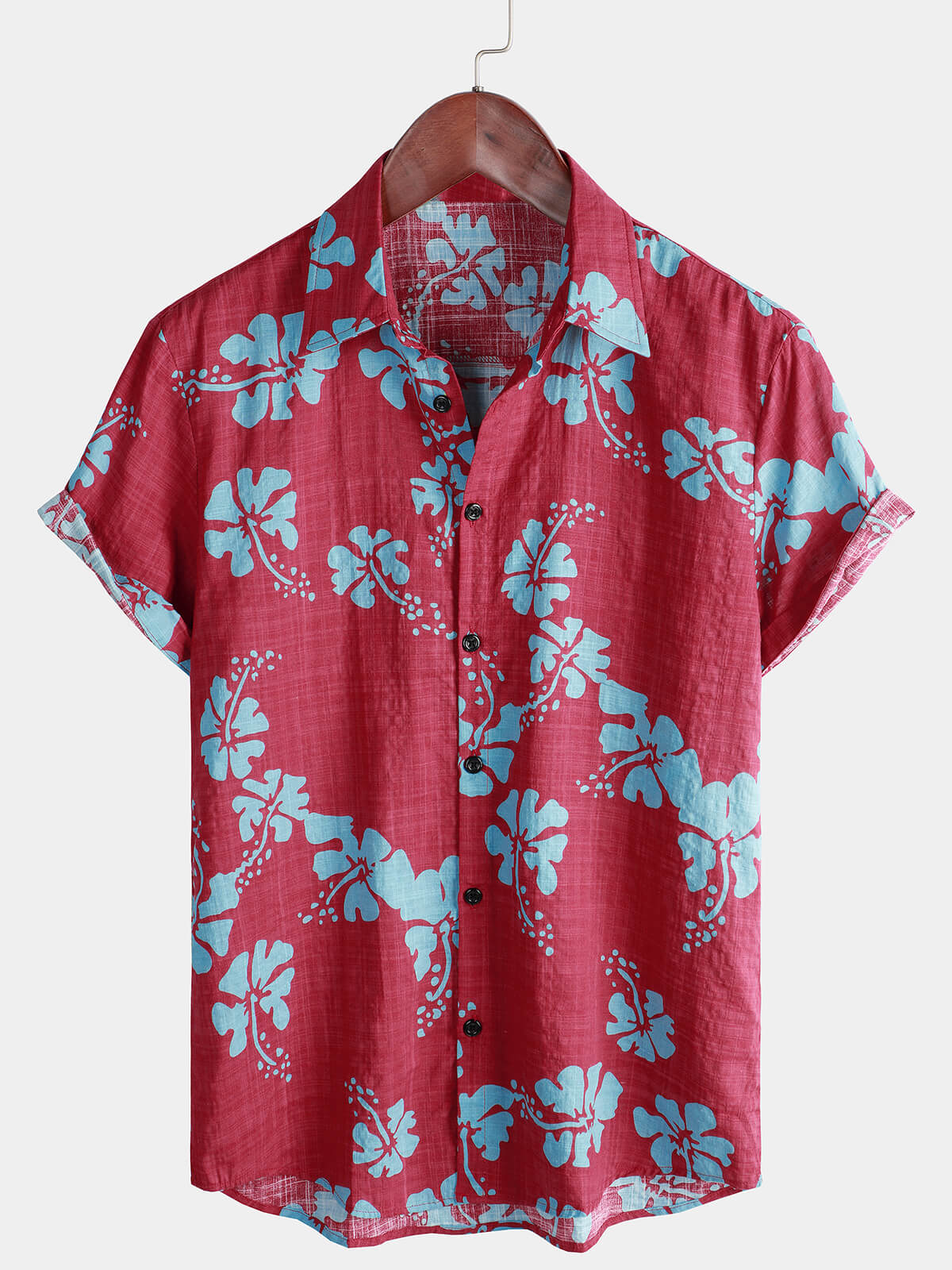 Men's Red Floral Tropical Hawaiian Beach Button-Up Short Sleeve Shirt