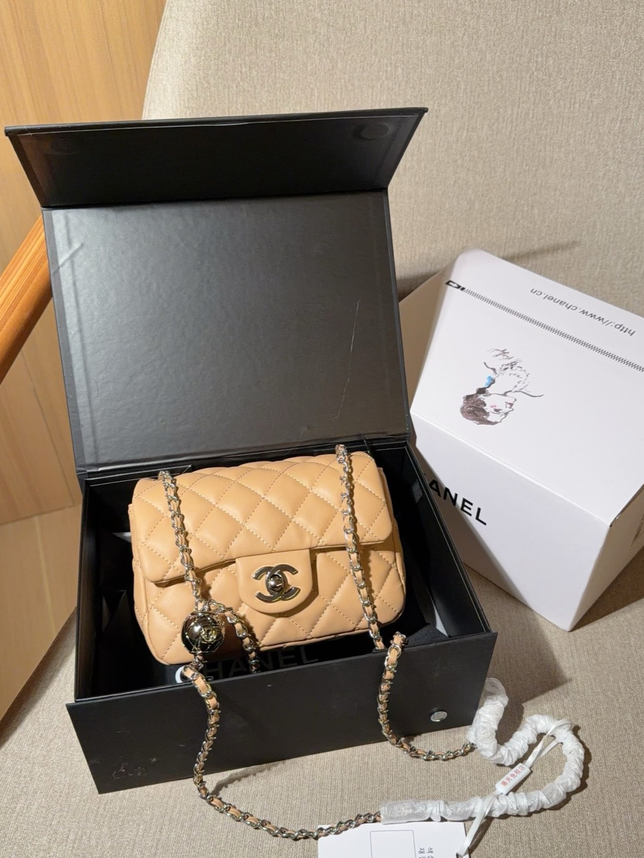 Chanel Mini Square CF 17CM Silver Ball Pearl Crush Quilted Leather Flap Chain Shoulder Bag - KAIROO