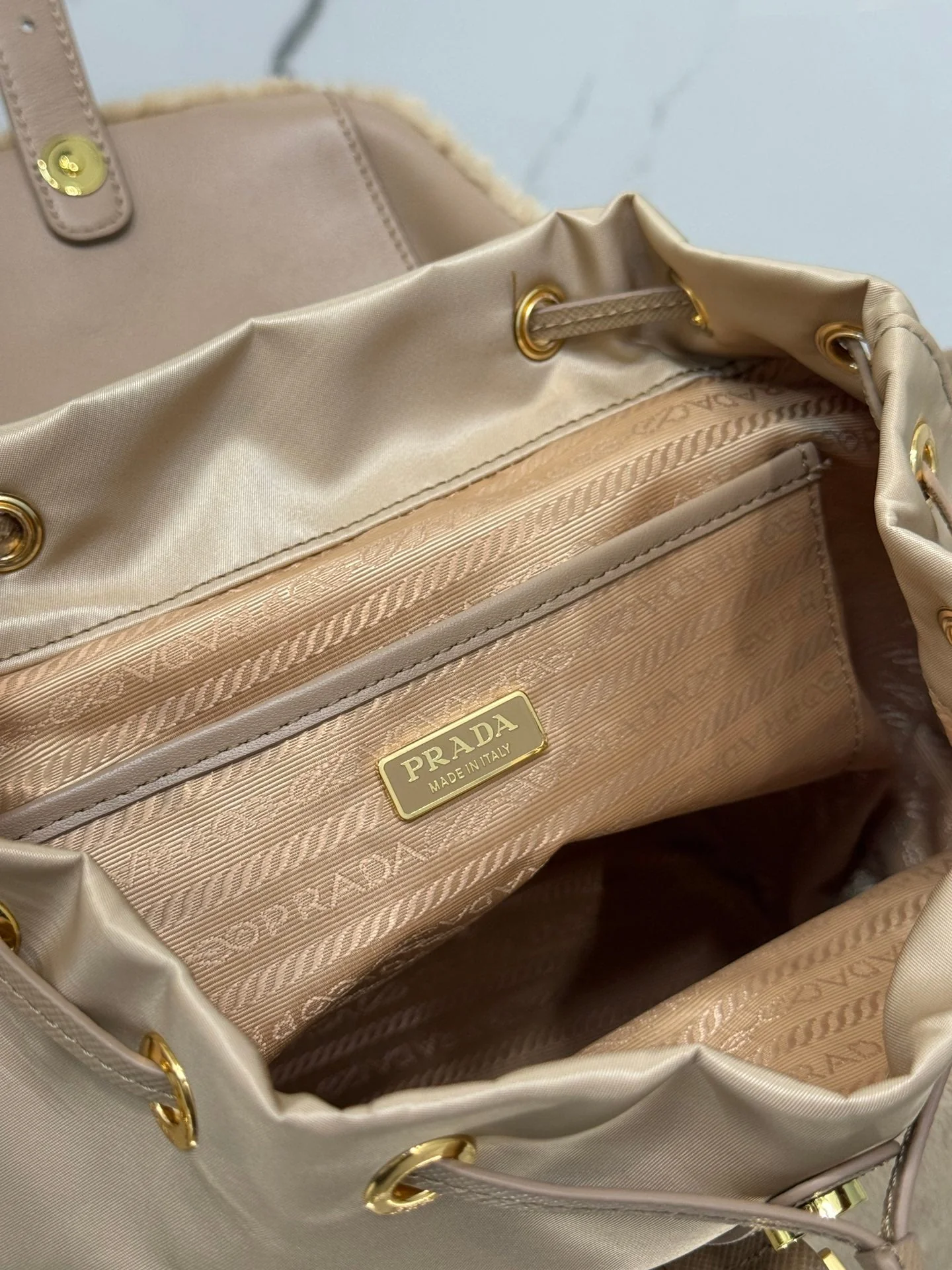 Prada BACKPACK 25 IN BEIGE PARACHUTE FABRIC AND RABBIT FUR