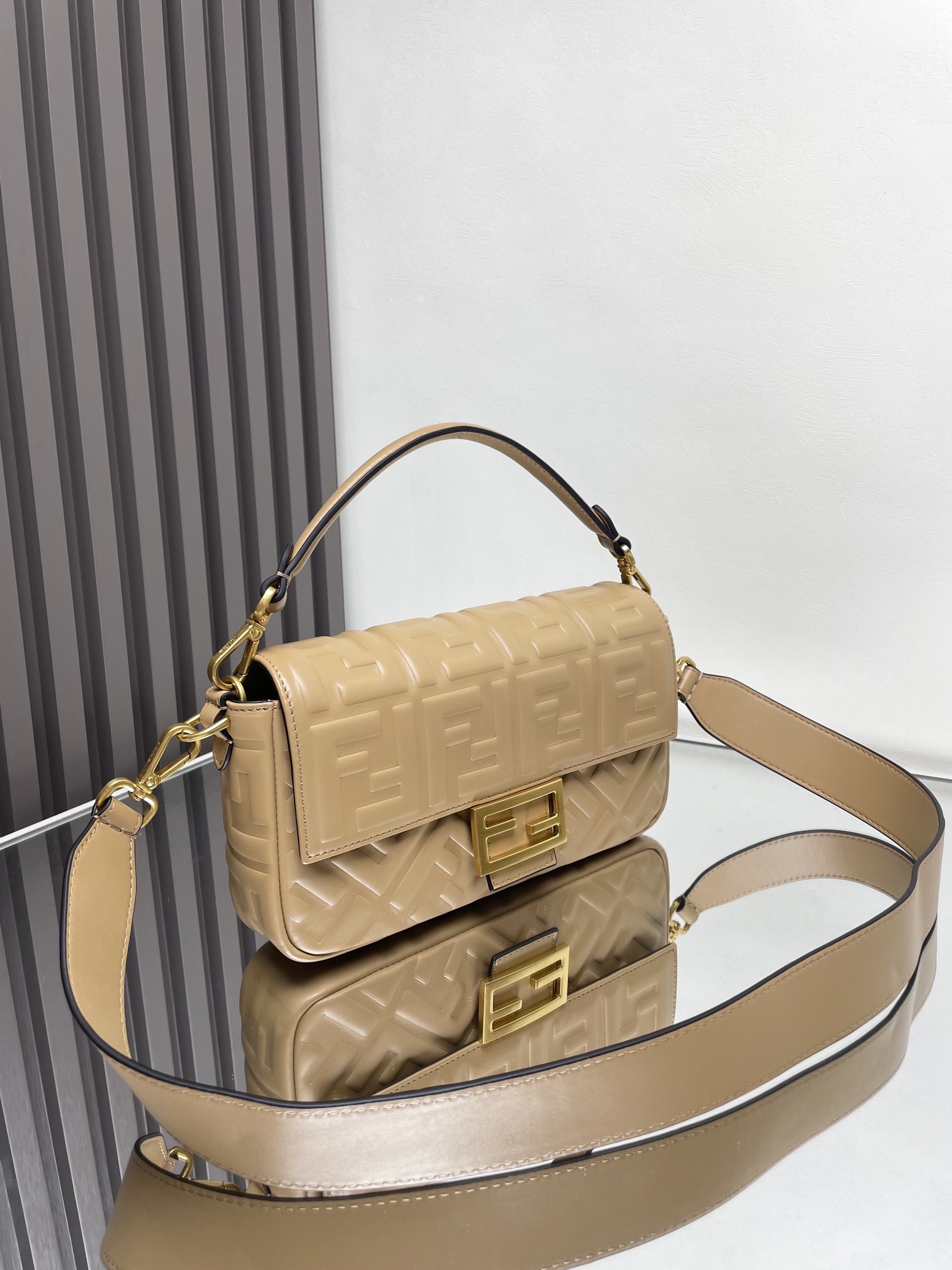 Fendi Medium Baguette FF Embossed Leather Bag-Beige