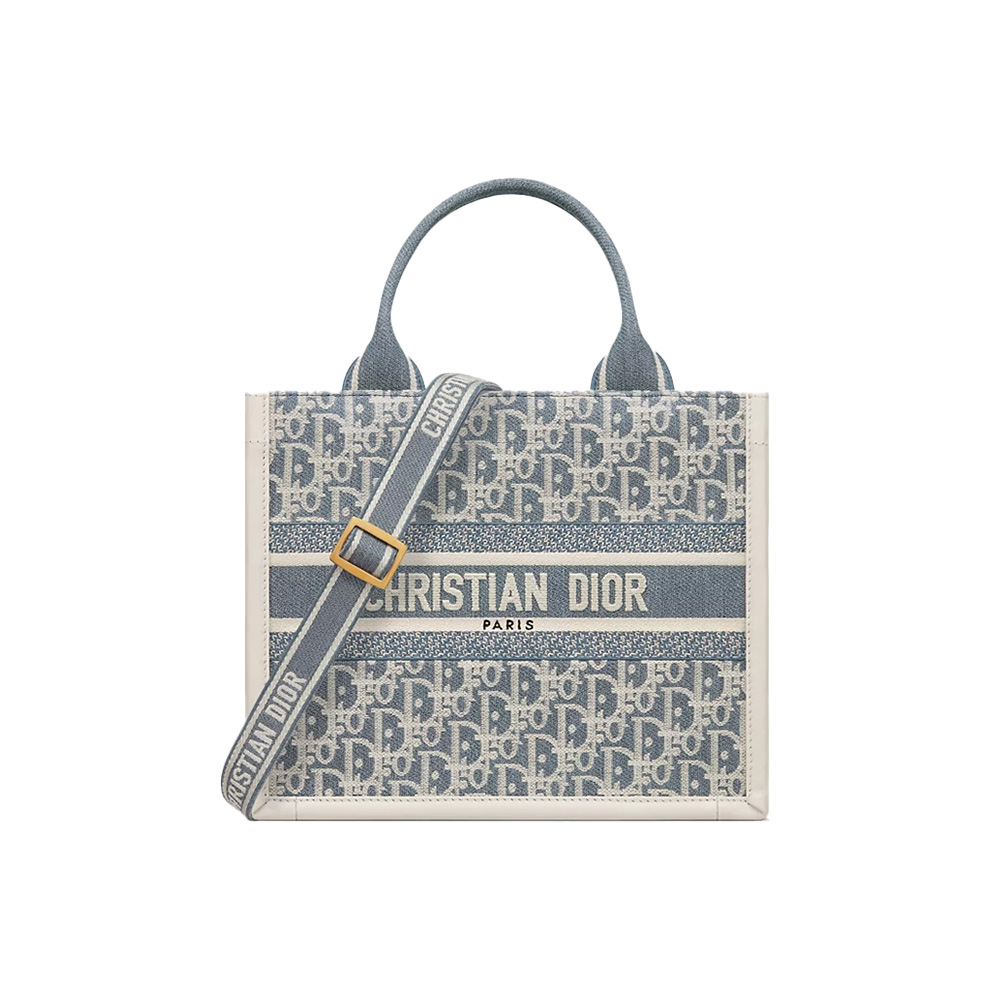 Dior Small Dior Book Tote Blue Dior Oblique Chambray Embroidery and Latte Calfskin (Mirror Quality)