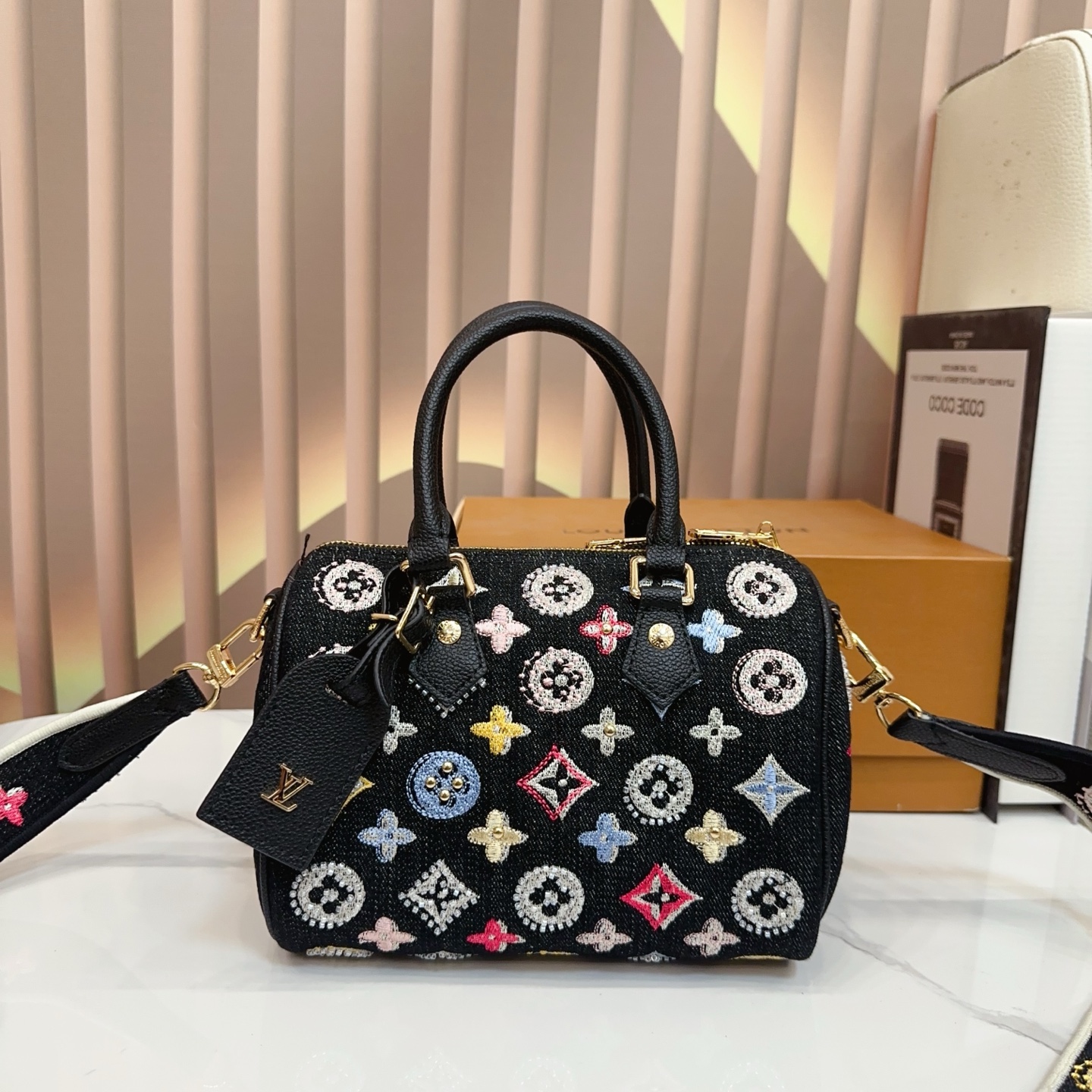 Louis Vuitton LV Speedy 20  Multicolor Embroidery Jacquard Denim Boston Top Handle Crossbody Bag - KAIROO