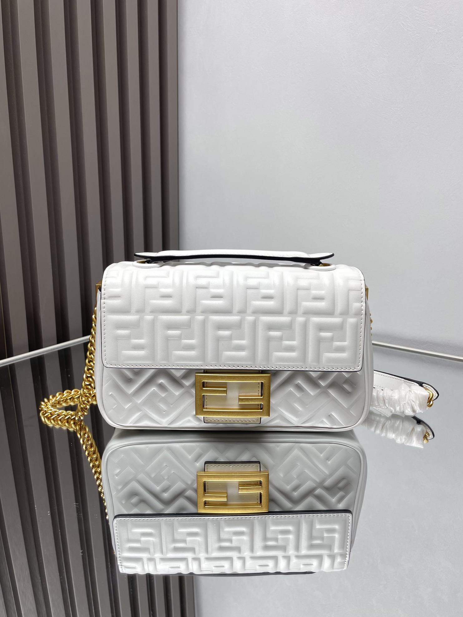 Fendi Medium Baguette Chain Leather Bag-White
