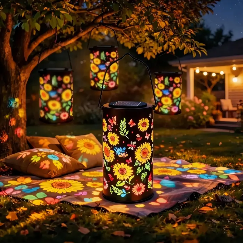 Colorful Sunflower & Butterfly Solar Lantern - IP55 Waterproof Metal Hanging Garden Light - 360° Shadow Projection Decorative Lamp (Auto On/Off)