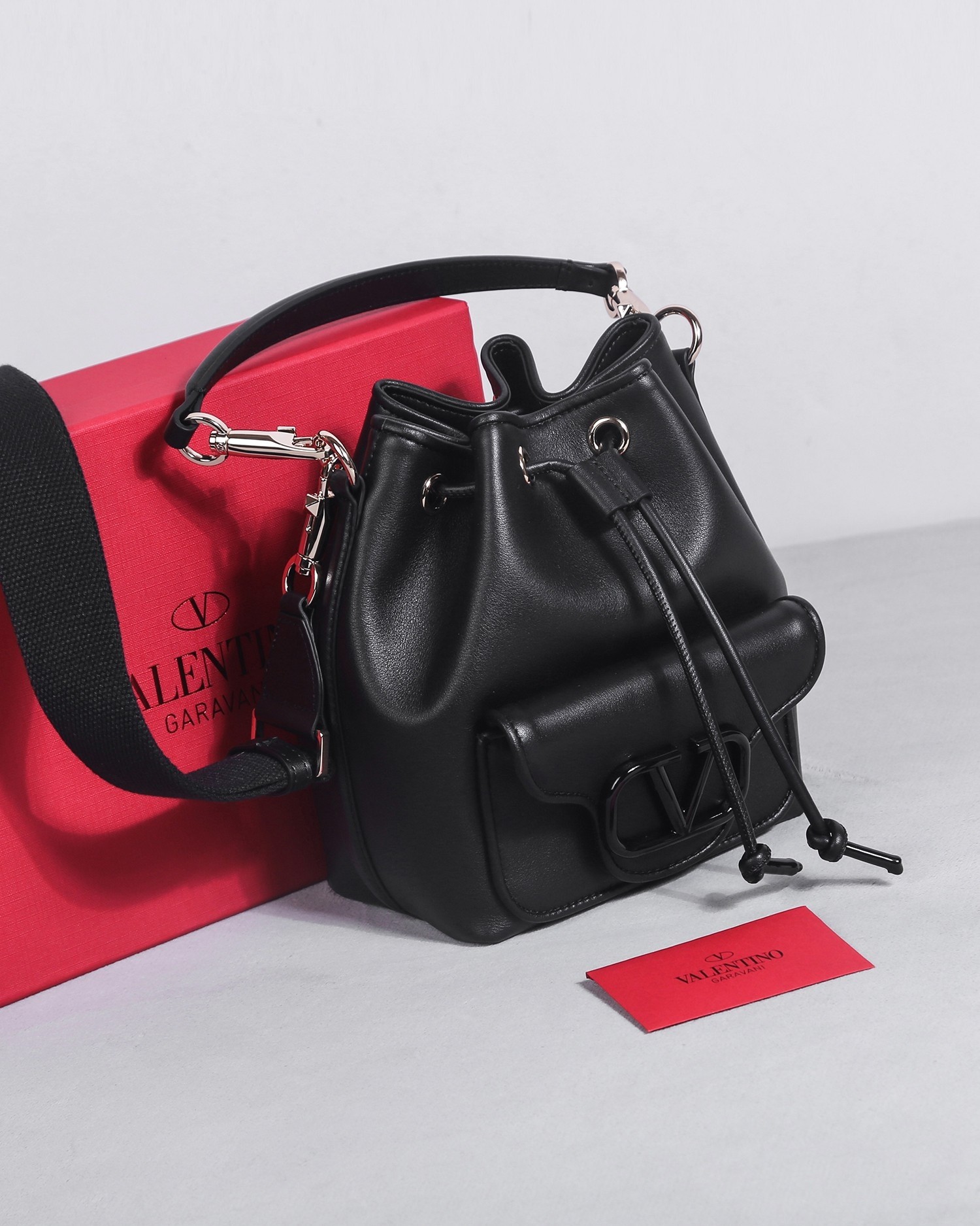 Valentino Black Tone-on-tone VLogo Signature Smooth Leather Drawstring Bucket Crossbody Bag - KAIROO