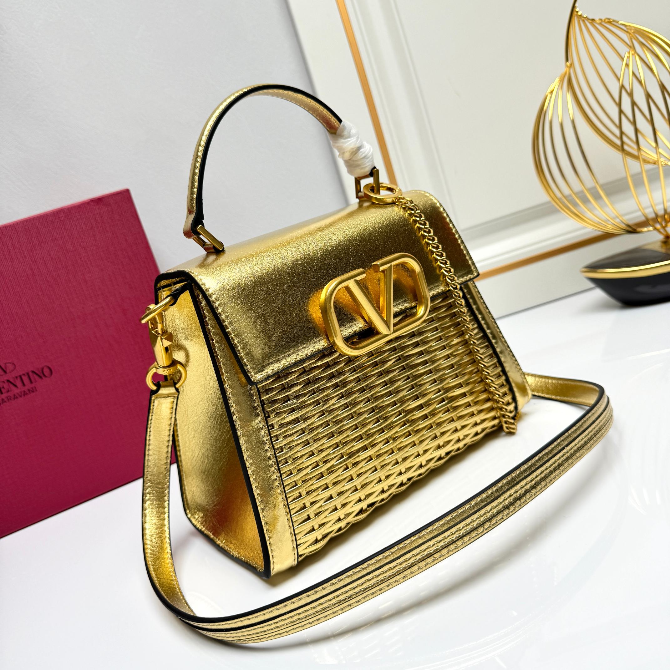 Valentino VLogo Signature Metallic Gold Woven Leather Top Handle Shoulder Crossbody Bag - KAIROO