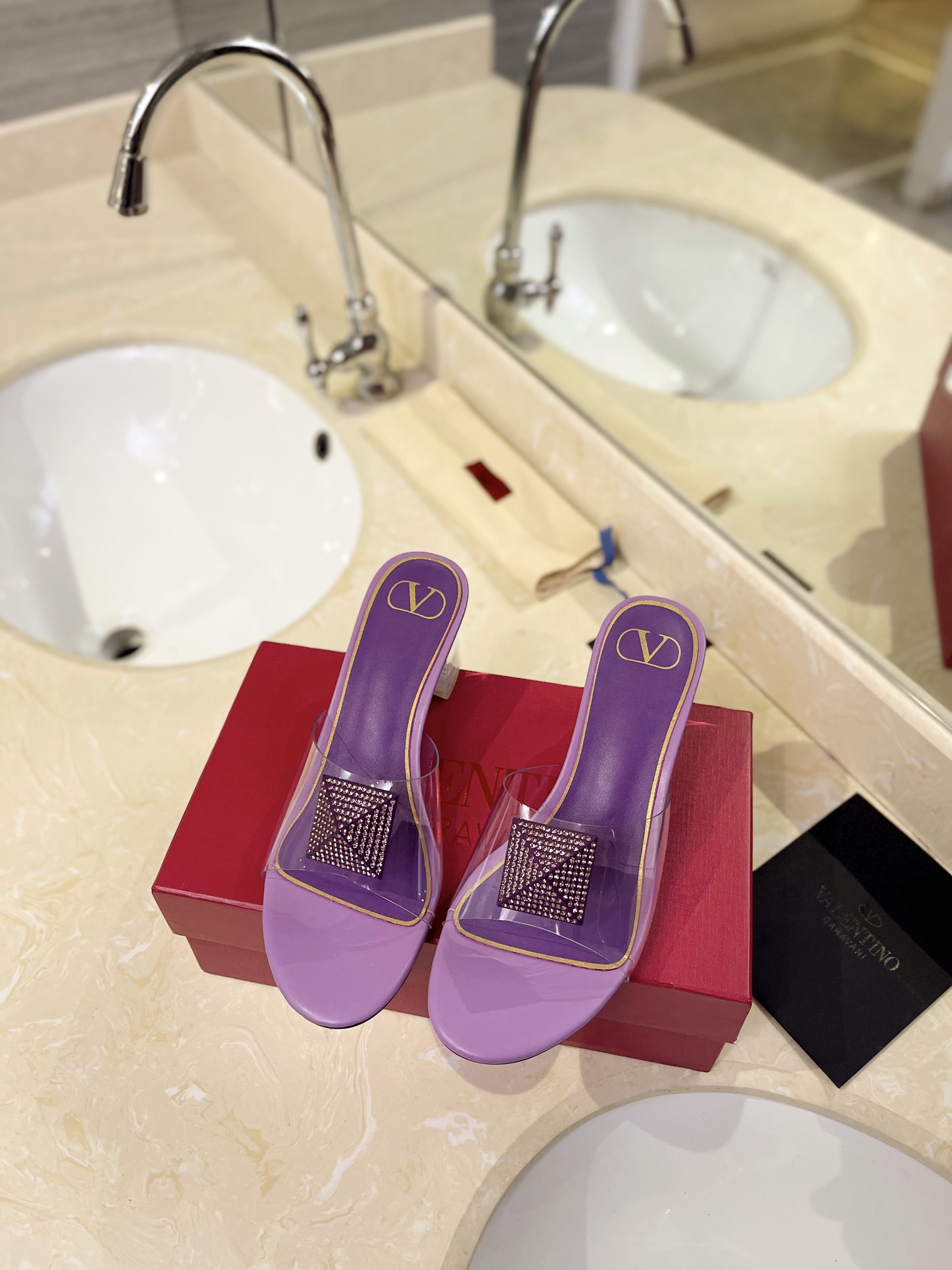 Valentino Rockstud Spike Wisteria Purple Leather Square Crystal Stud Clear PVC Strap Block Slip-on Mules Heels - KAIROO